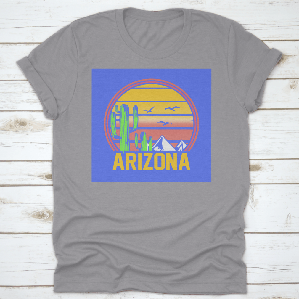 Arizona Adventure Sunset Line Art featuring mountains, cactuses, and birds in a desert landscape, showcasing vibrant colors and intricate details.