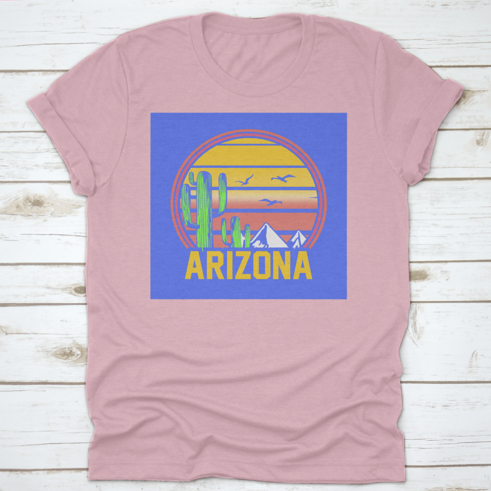 Arizona Adventure Sunset Line Art featuring mountains, cactuses, and birds in a desert landscape, showcasing vibrant colors and intricate details.