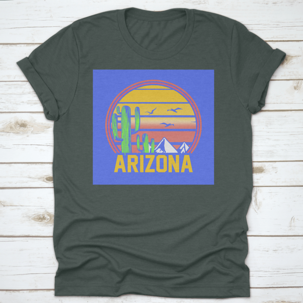 Arizona Adventure Sunset Line Art featuring mountains, cactuses, and birds in a desert landscape, showcasing vibrant colors and intricate details.