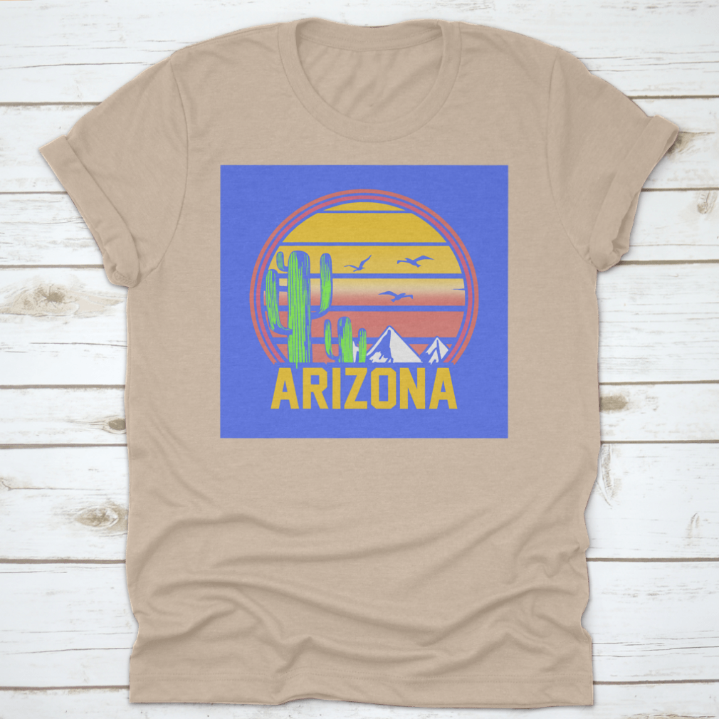 Arizona Adventure Sunset Line Art featuring mountains, cactuses, and birds in a desert landscape, showcasing vibrant colors and intricate details.