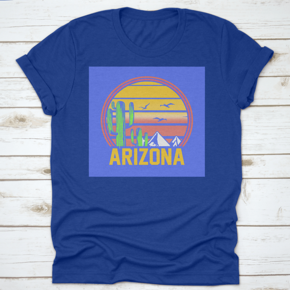 Arizona Adventure Sunset Line Art featuring mountains, cactuses, and birds in a desert landscape, showcasing vibrant colors and intricate details.