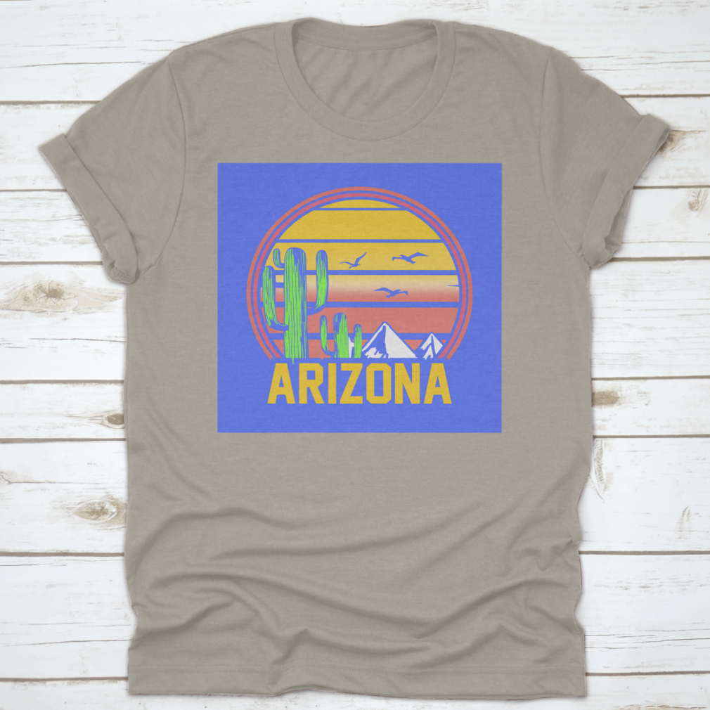 Arizona Adventure Sunset Line Art featuring mountains, cactuses, and birds in a desert landscape, showcasing vibrant colors and intricate details.