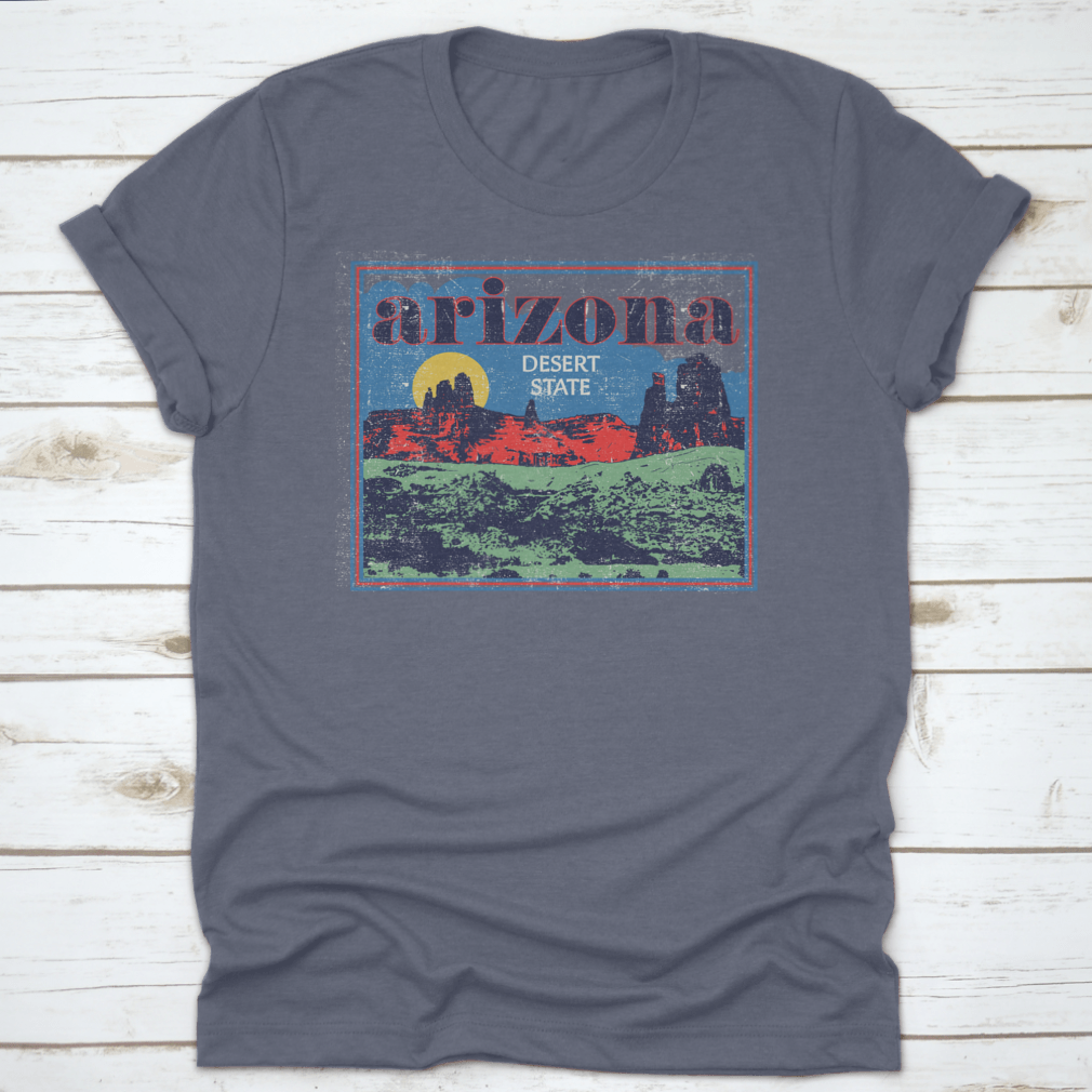Arizona Desert State Retro View vector artwork illustration on a comfortable cotton t-shirt, showcasing vibrant colors and unique design.