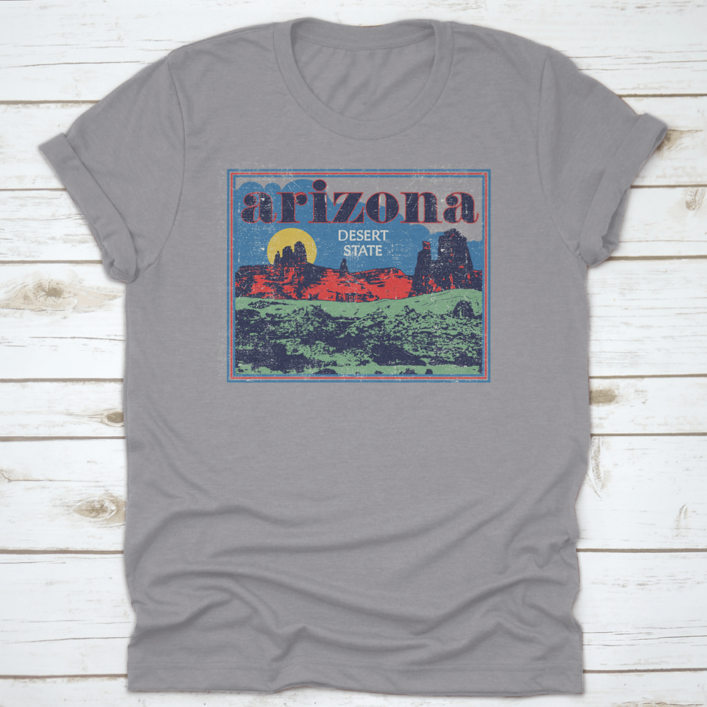Arizona Desert State Retro View vector artwork illustration on a comfortable cotton t-shirt, showcasing vibrant colors and unique design.