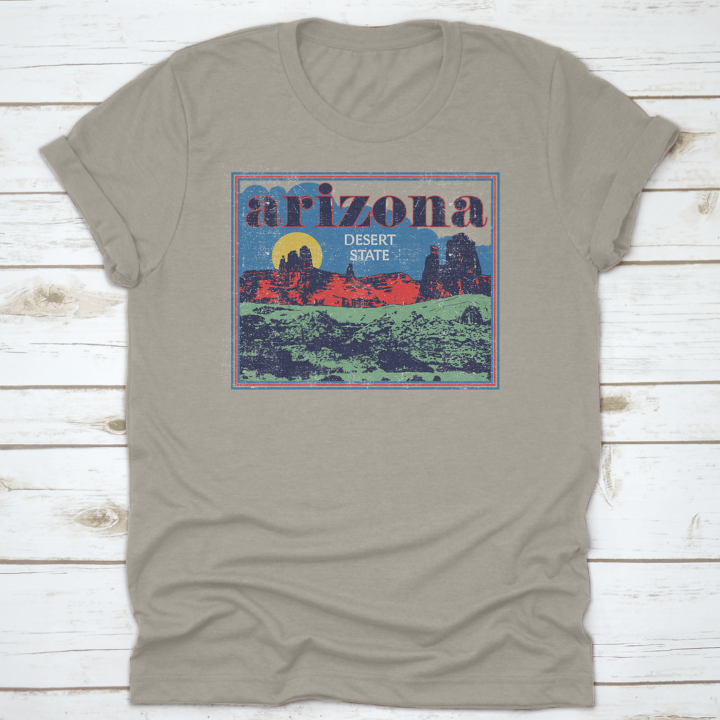 Arizona Desert State Retro View vector artwork illustration on a comfortable cotton t-shirt, showcasing vibrant colors and unique design.