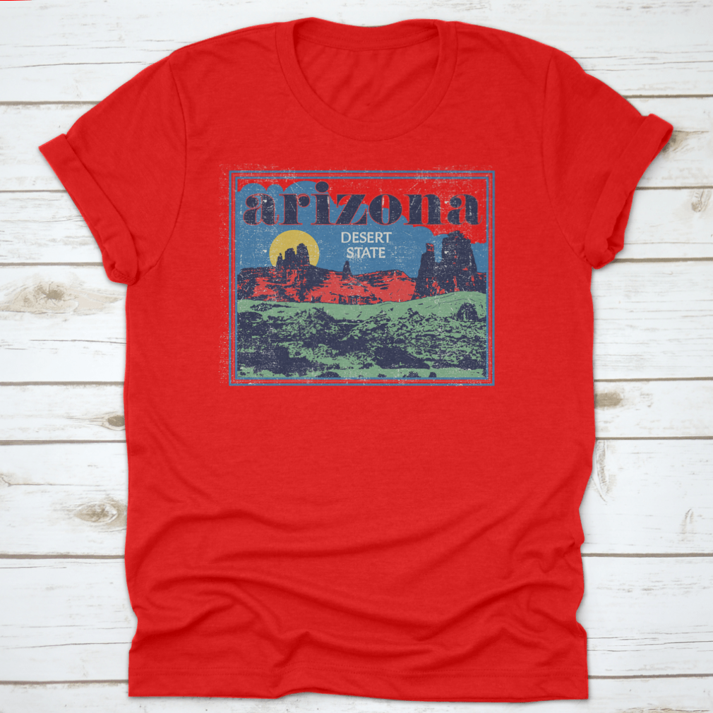 Arizona Desert State Retro View vector artwork illustration on a comfortable cotton t-shirt, showcasing vibrant colors and unique design.
