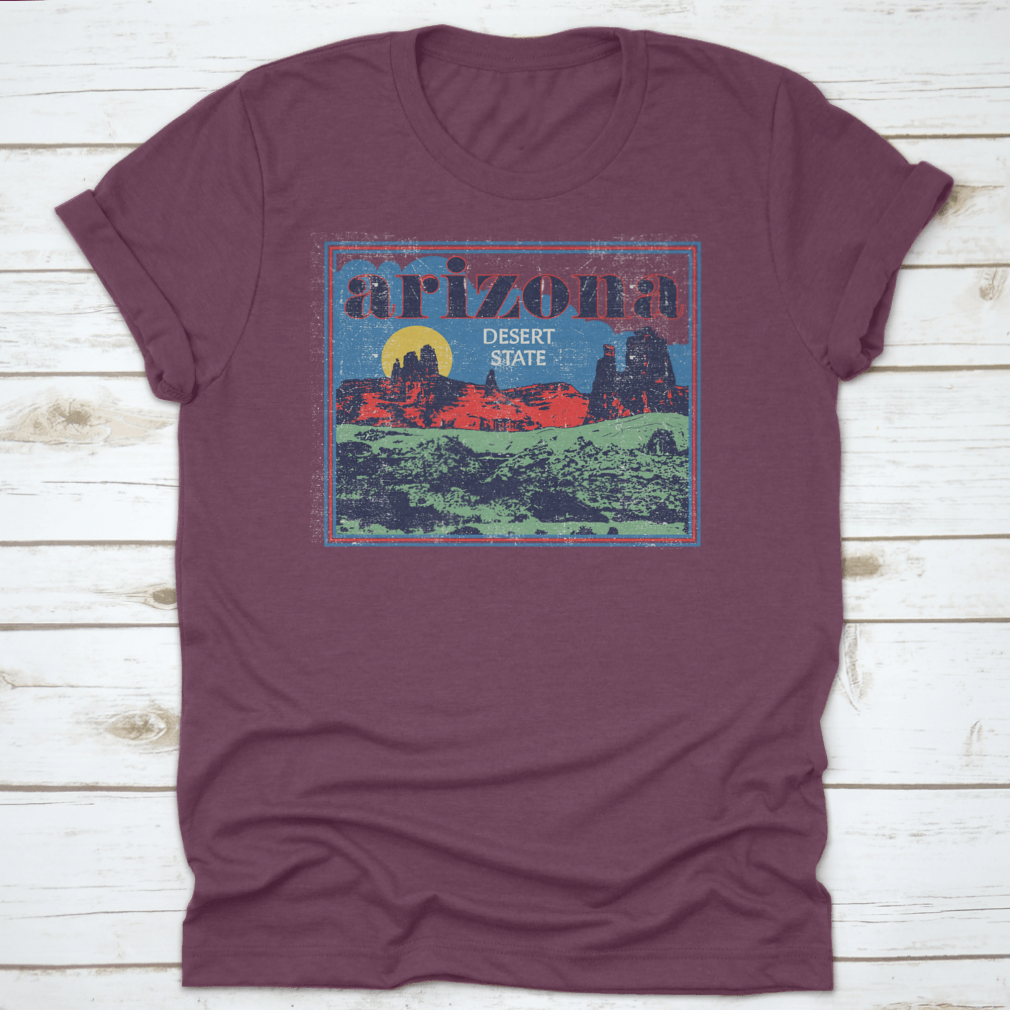 Arizona Desert State Retro View vector artwork illustration on a comfortable cotton t-shirt, showcasing vibrant colors and unique design.