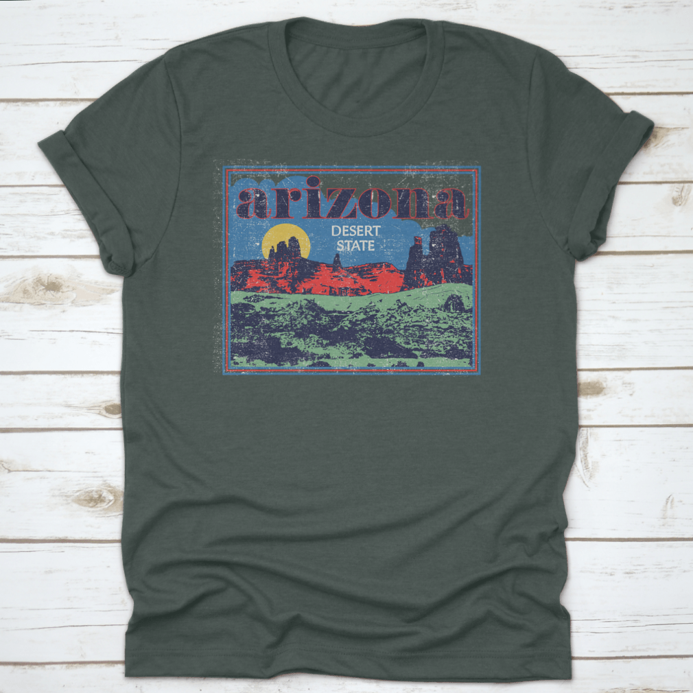 Arizona Desert State Retro View vector artwork illustration on a comfortable cotton t-shirt, showcasing vibrant colors and unique design.