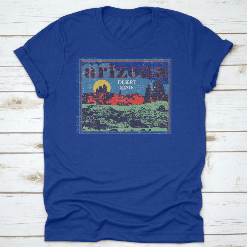 Arizona Desert State Retro View vector artwork illustration on a comfortable cotton t-shirt, showcasing vibrant colors and unique design.