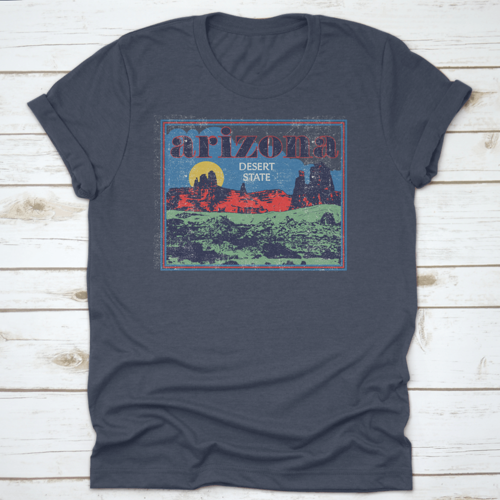 Arizona Desert State Retro View vector artwork illustration on a comfortable cotton t-shirt, showcasing vibrant colors and unique design.