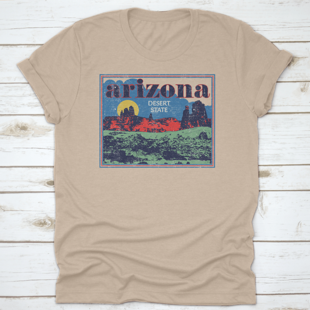 Arizona Desert State Retro View vector artwork illustration on a comfortable cotton t-shirt, showcasing vibrant colors and unique design.