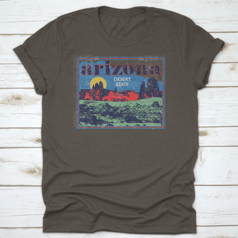 Arizona Desert State Retro View vector artwork illustration on a comfortable cotton t-shirt, showcasing vibrant colors and unique design.
