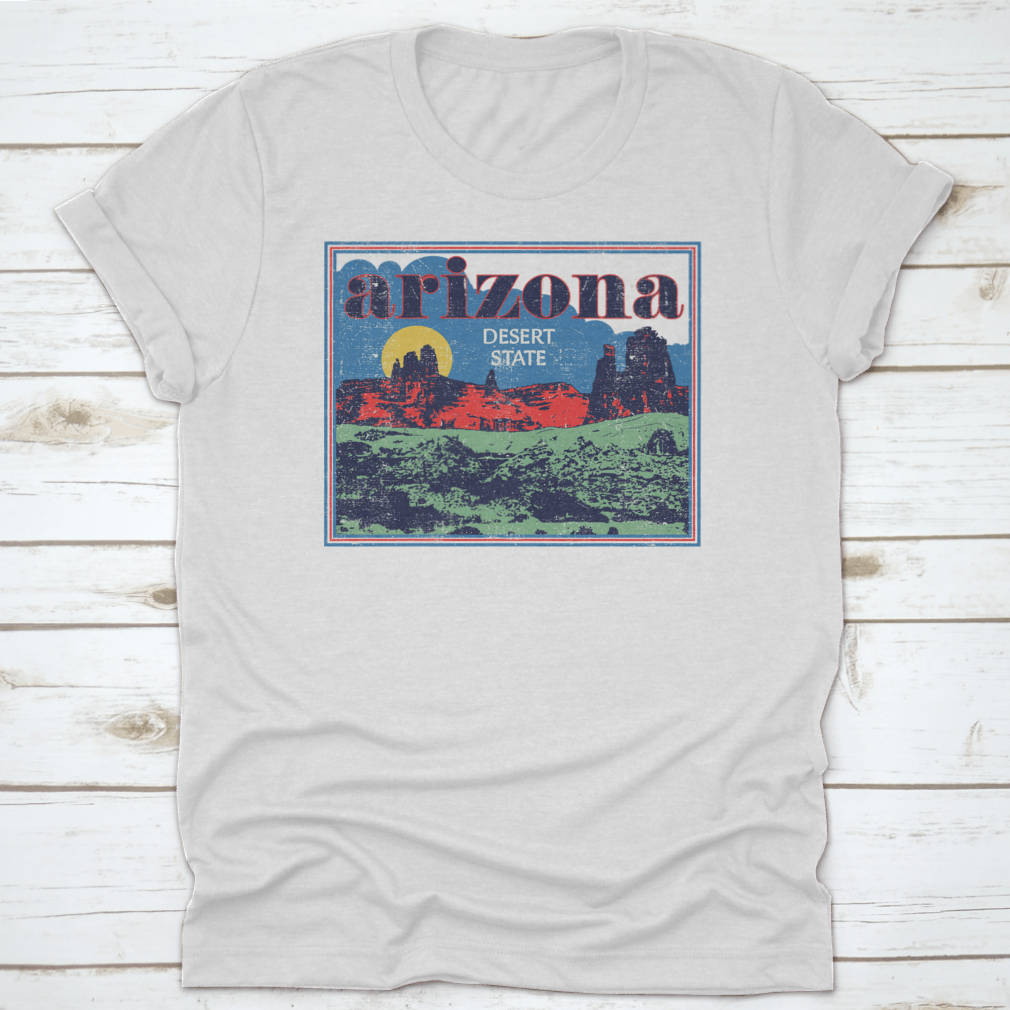 Arizona Desert State Retro View vector artwork illustration on a comfortable cotton t-shirt, showcasing vibrant colors and unique design.