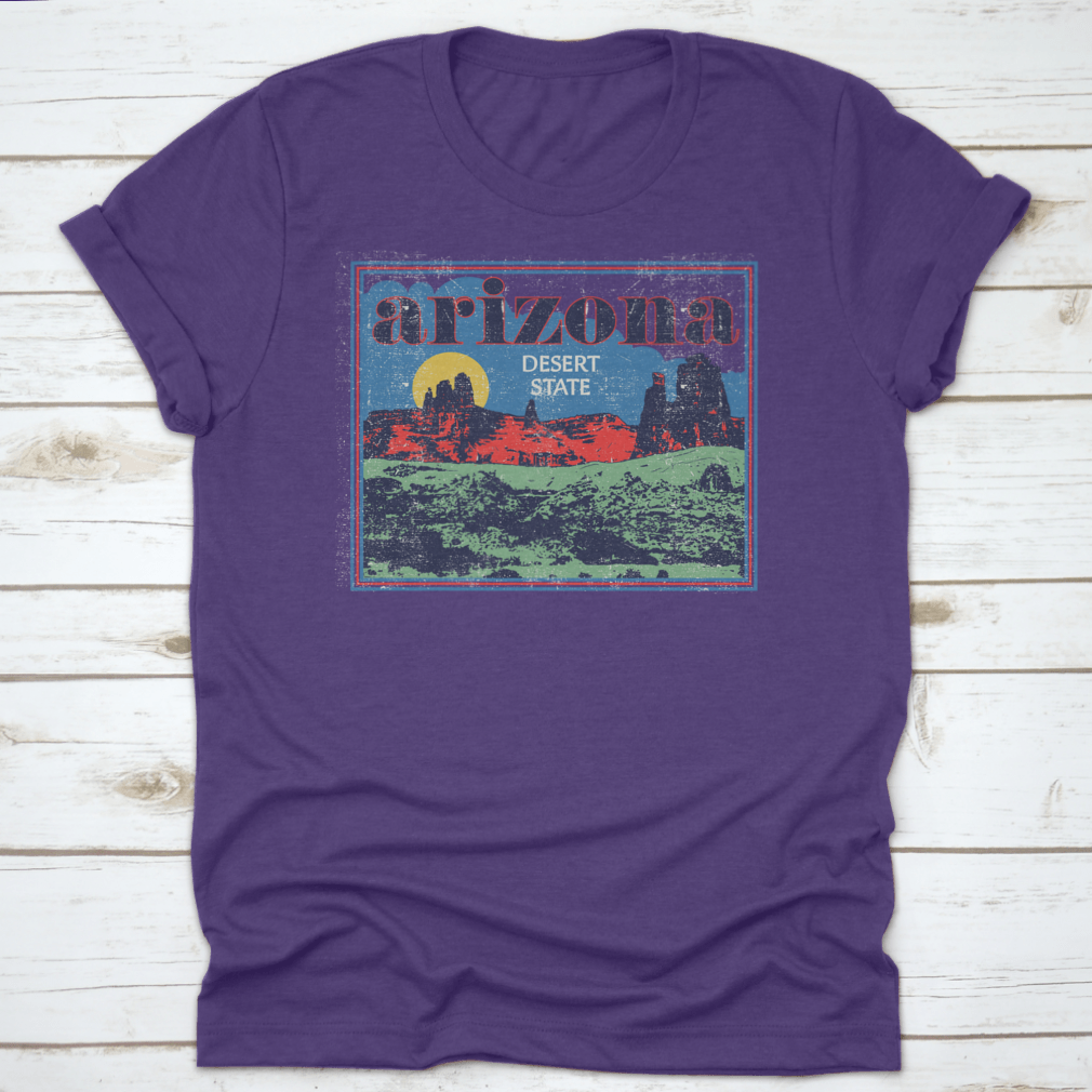 Arizona Desert State Retro View vector artwork illustration on a comfortable cotton t-shirt, showcasing vibrant colors and unique design.
