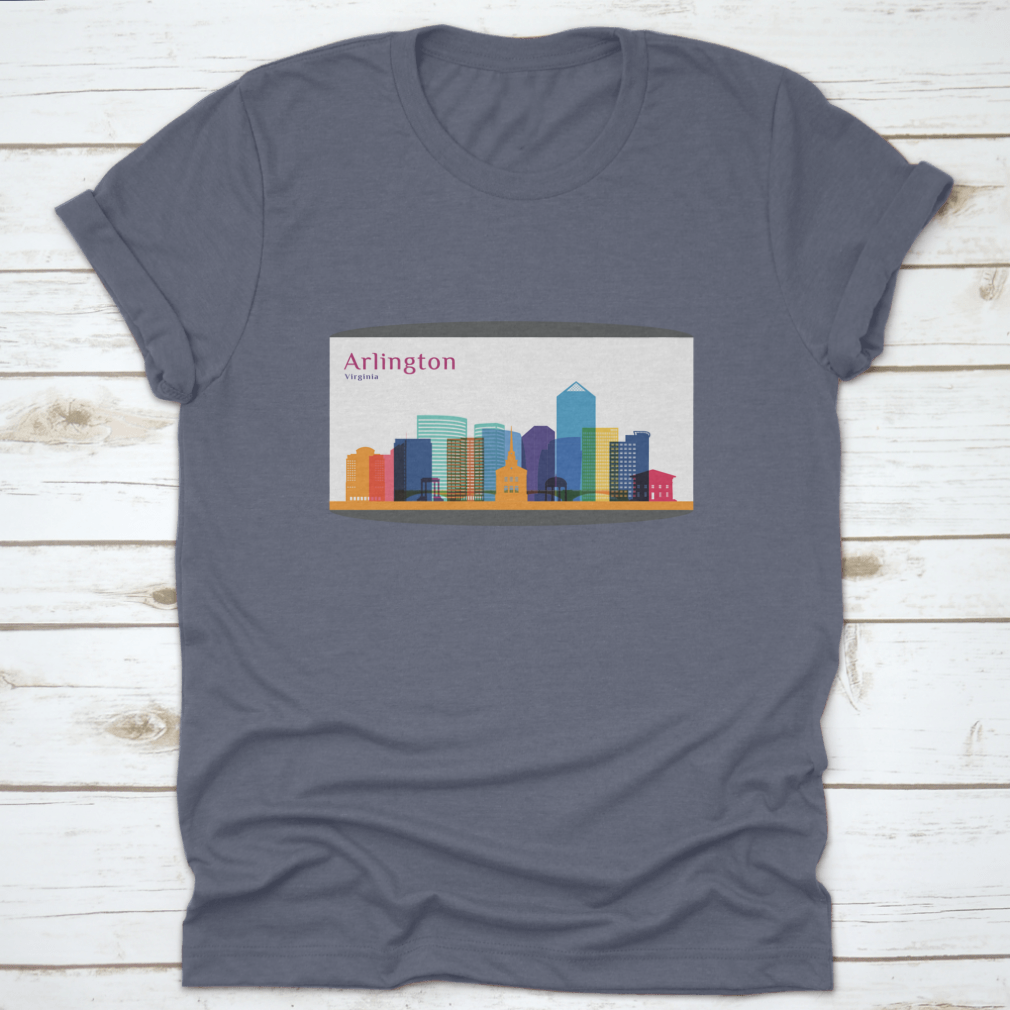 Colorful skyline silhouette of Arlington City, Virginia, featured on a stylish cotton T-shirt.