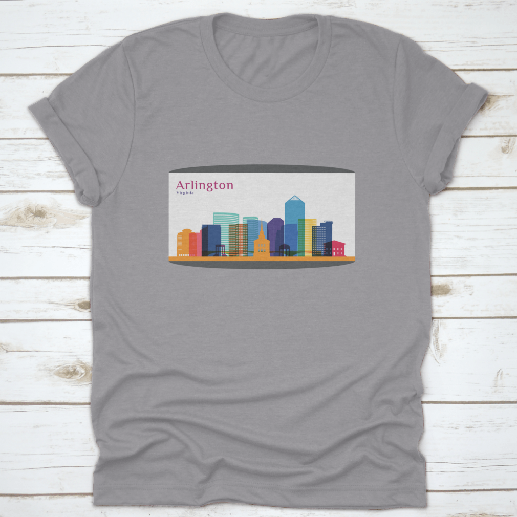 Colorful skyline silhouette of Arlington City, Virginia, featured on a stylish cotton T-shirt.