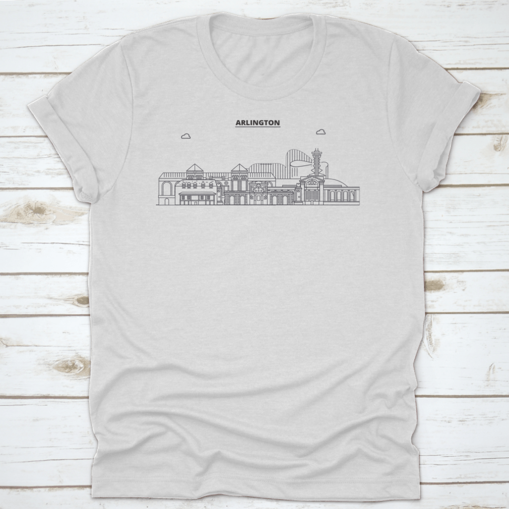Arlington United States Outline Travel Skyline Shirt displayed on a hanger, showcasing its classic fit and soft fabric.