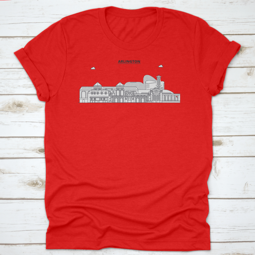 Arlington United States Outline Travel Skyline Shirt displayed on a hanger, showcasing its classic fit and soft fabric.