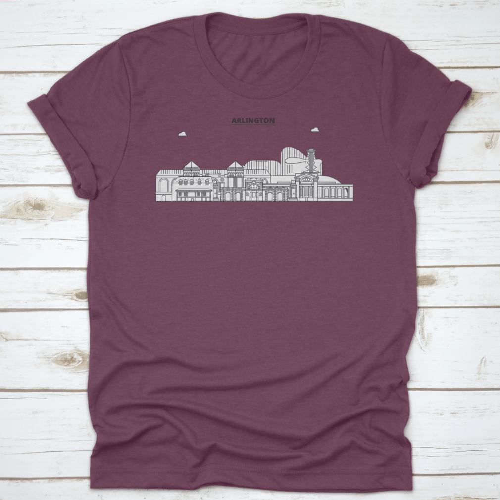 Arlington United States Outline Travel Skyline Shirt displayed on a hanger, showcasing its classic fit and soft fabric.