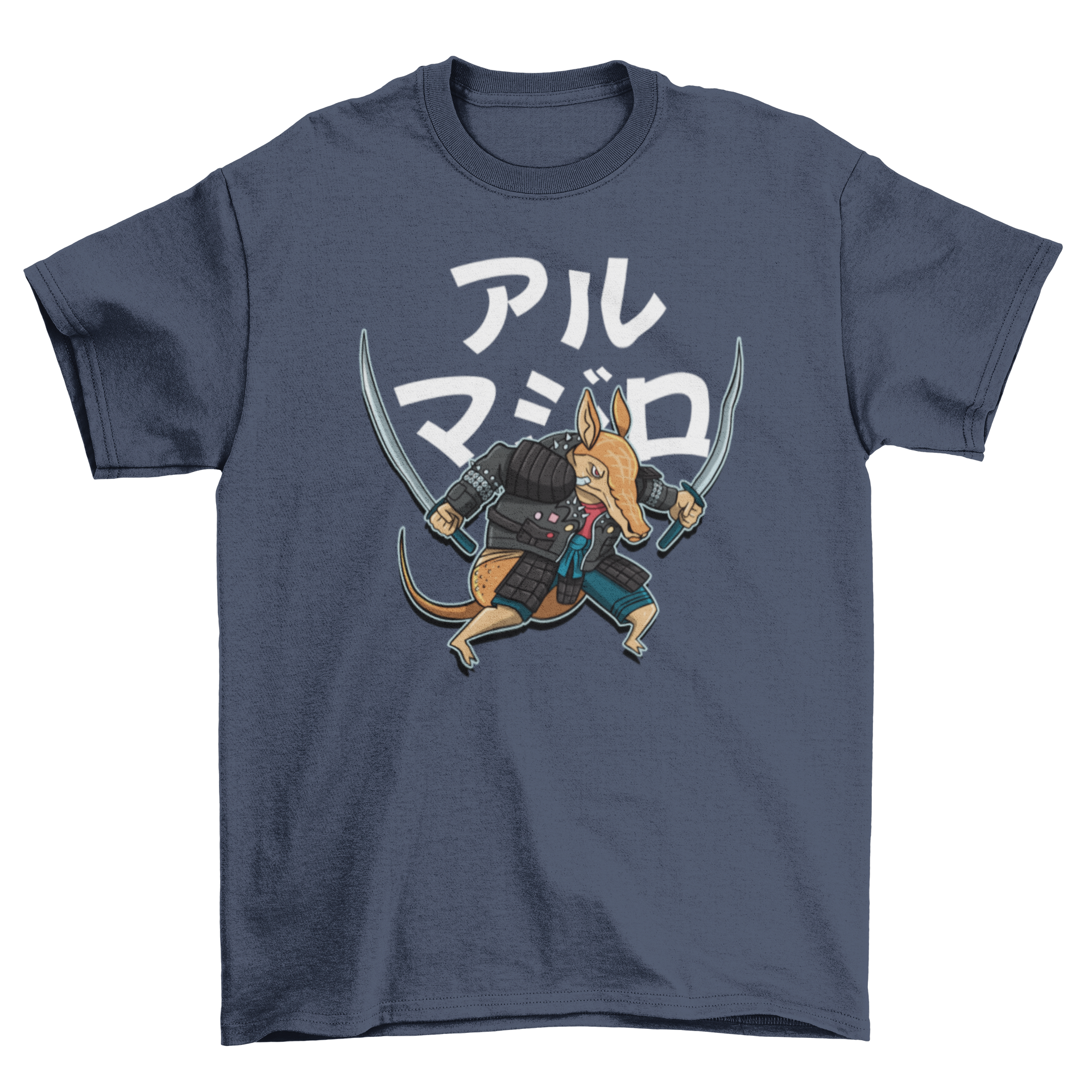 A stylish t-shirt featuring an armadillo dressed as a samurai with a Japanese quote.