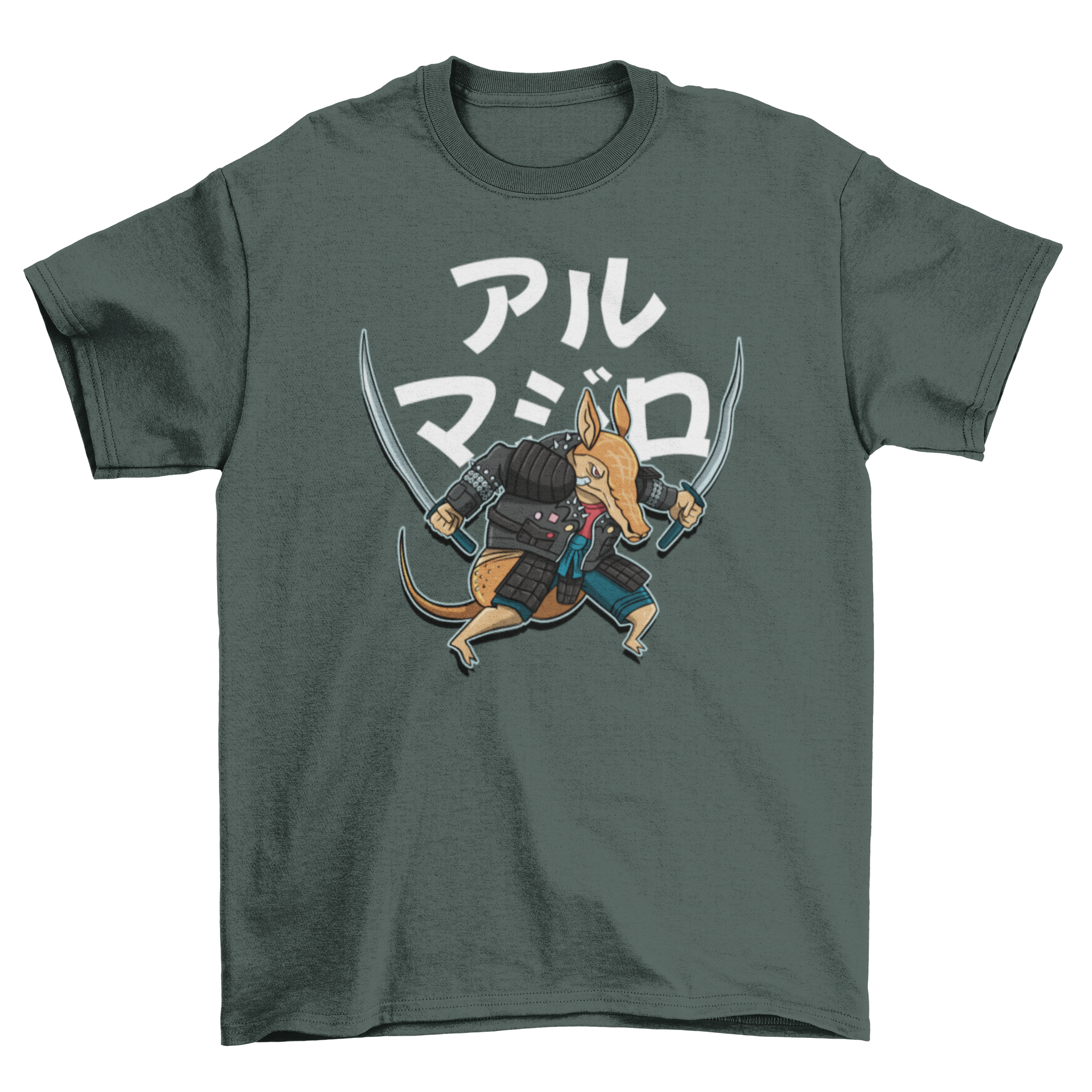 A stylish t-shirt featuring an armadillo dressed as a samurai with a Japanese quote.