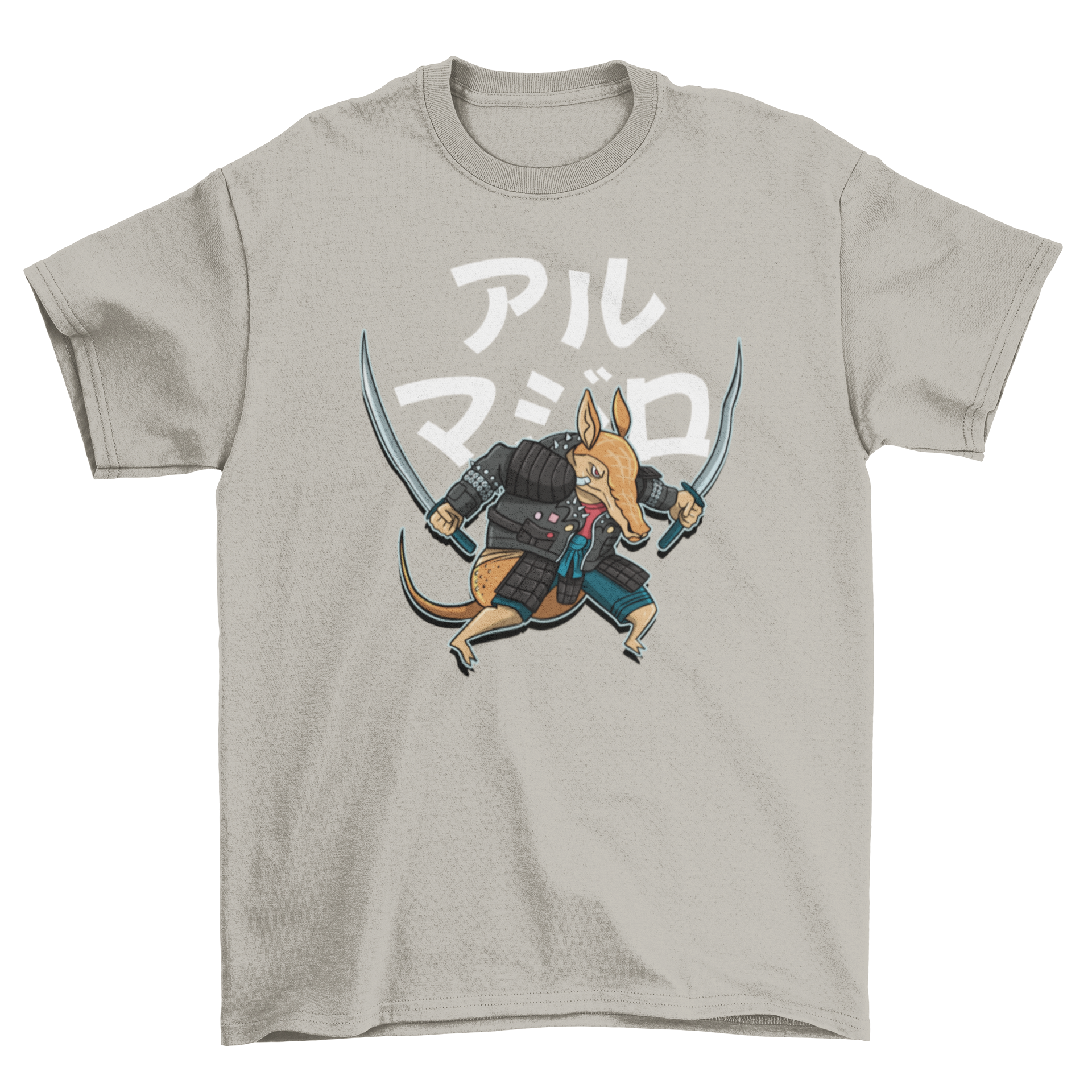 A stylish t-shirt featuring an armadillo dressed as a samurai with a Japanese quote.