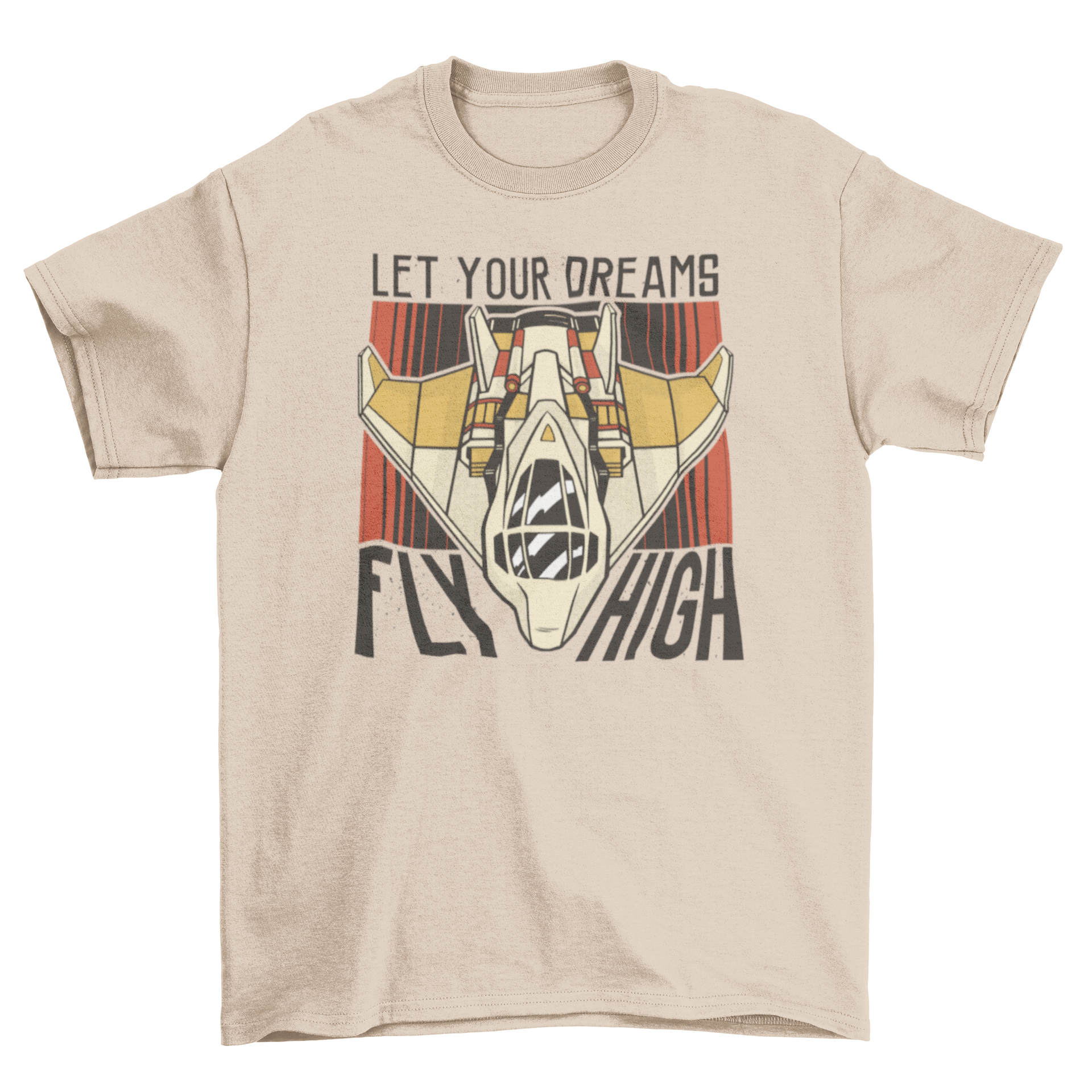 A stylish t-shirt featuring an airplane graphic and the quote 'Let your dreams fly high', perfect for aviation enthusiasts.