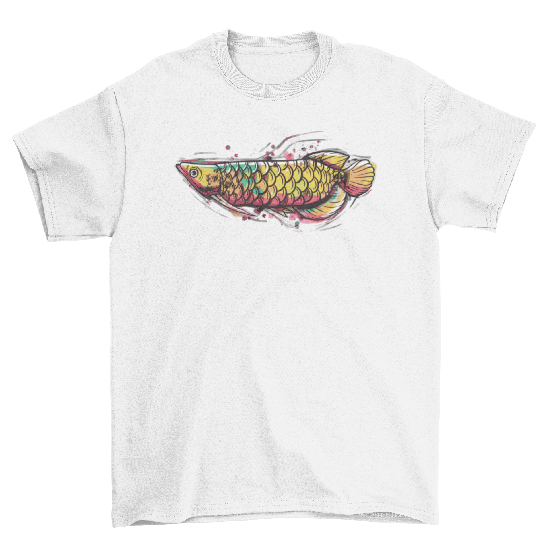 A stylish t-shirt featuring a vibrant watercolor design of an Arowana fish, showcasing its intricate details and colors.