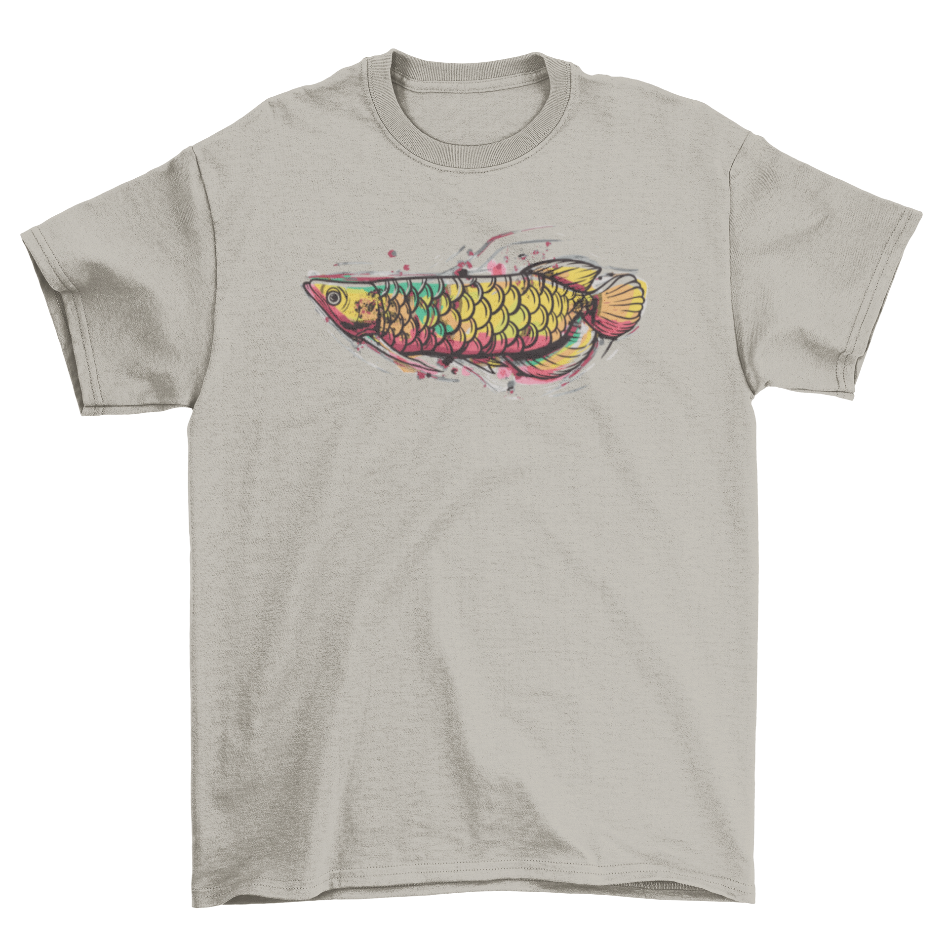 A stylish t-shirt featuring a vibrant watercolor design of an Arowana fish, showcasing its intricate details and colors.