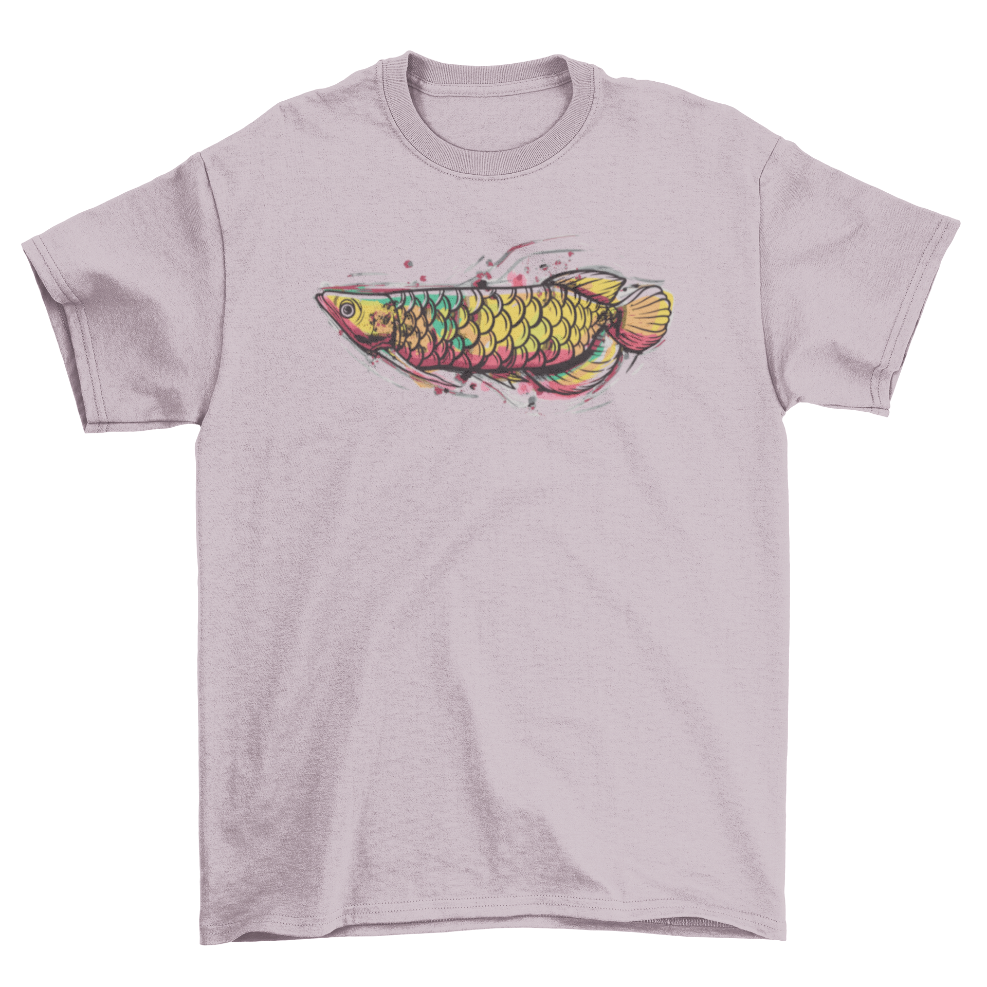 A stylish t-shirt featuring a vibrant watercolor design of an Arowana fish, showcasing its intricate details and colors.