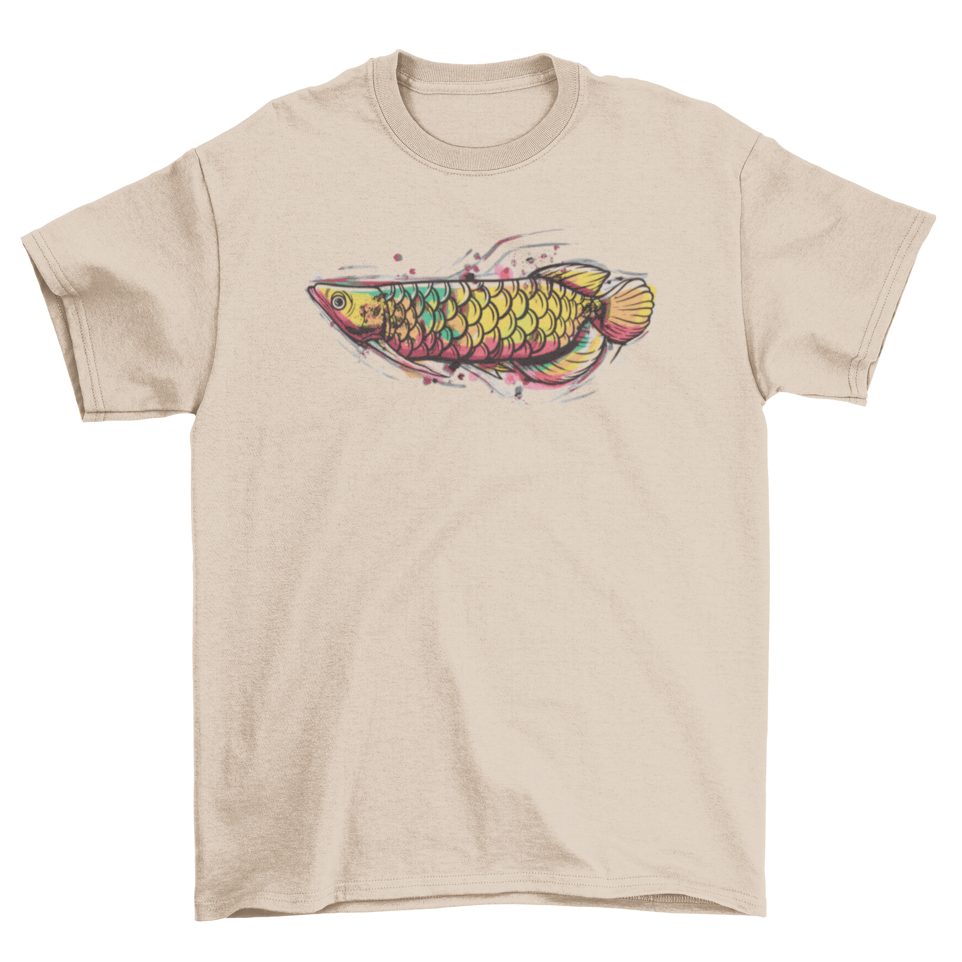 A stylish t-shirt featuring a vibrant watercolor design of an Arowana fish, showcasing its intricate details and colors.