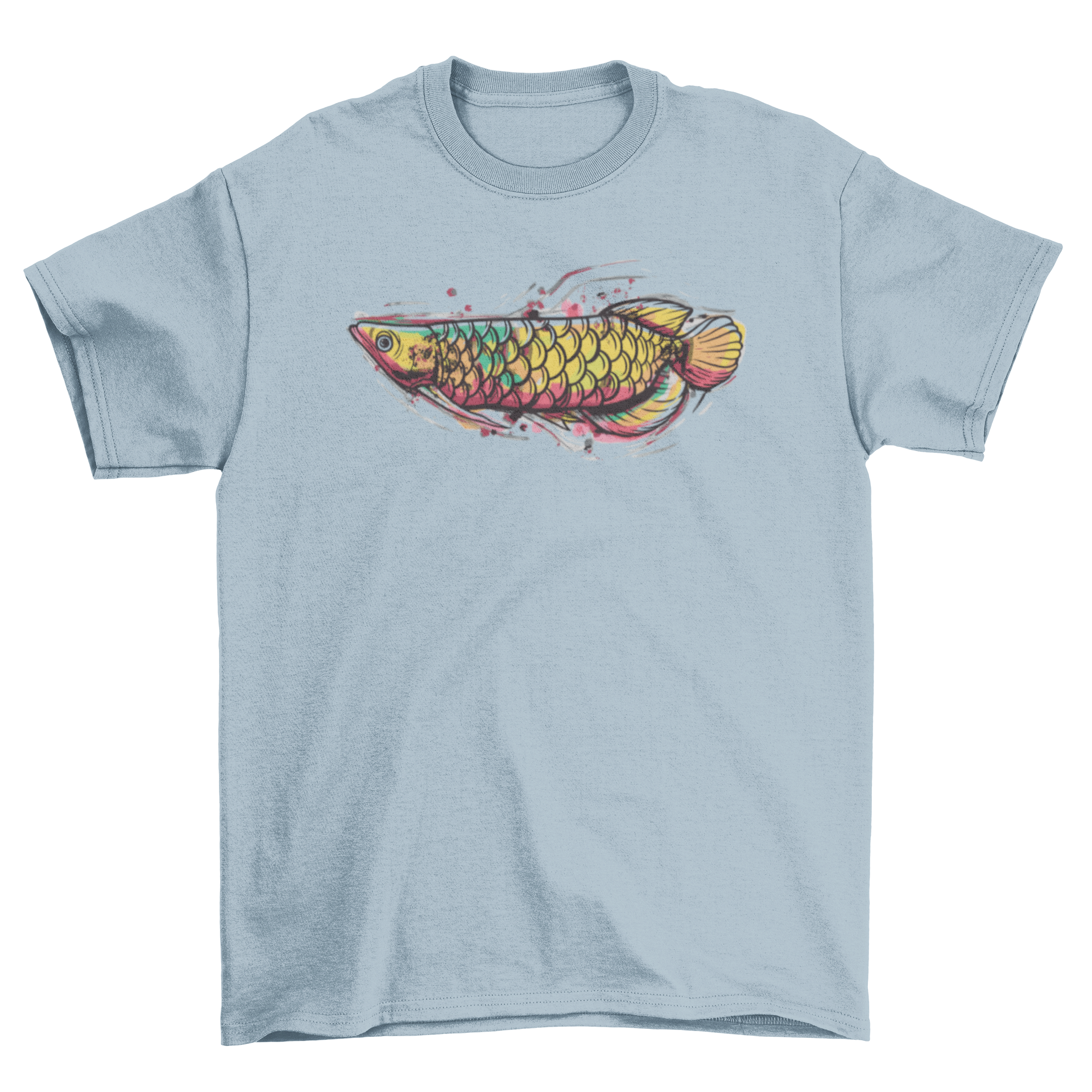 A stylish t-shirt featuring a vibrant watercolor design of an Arowana fish, showcasing its intricate details and colors.