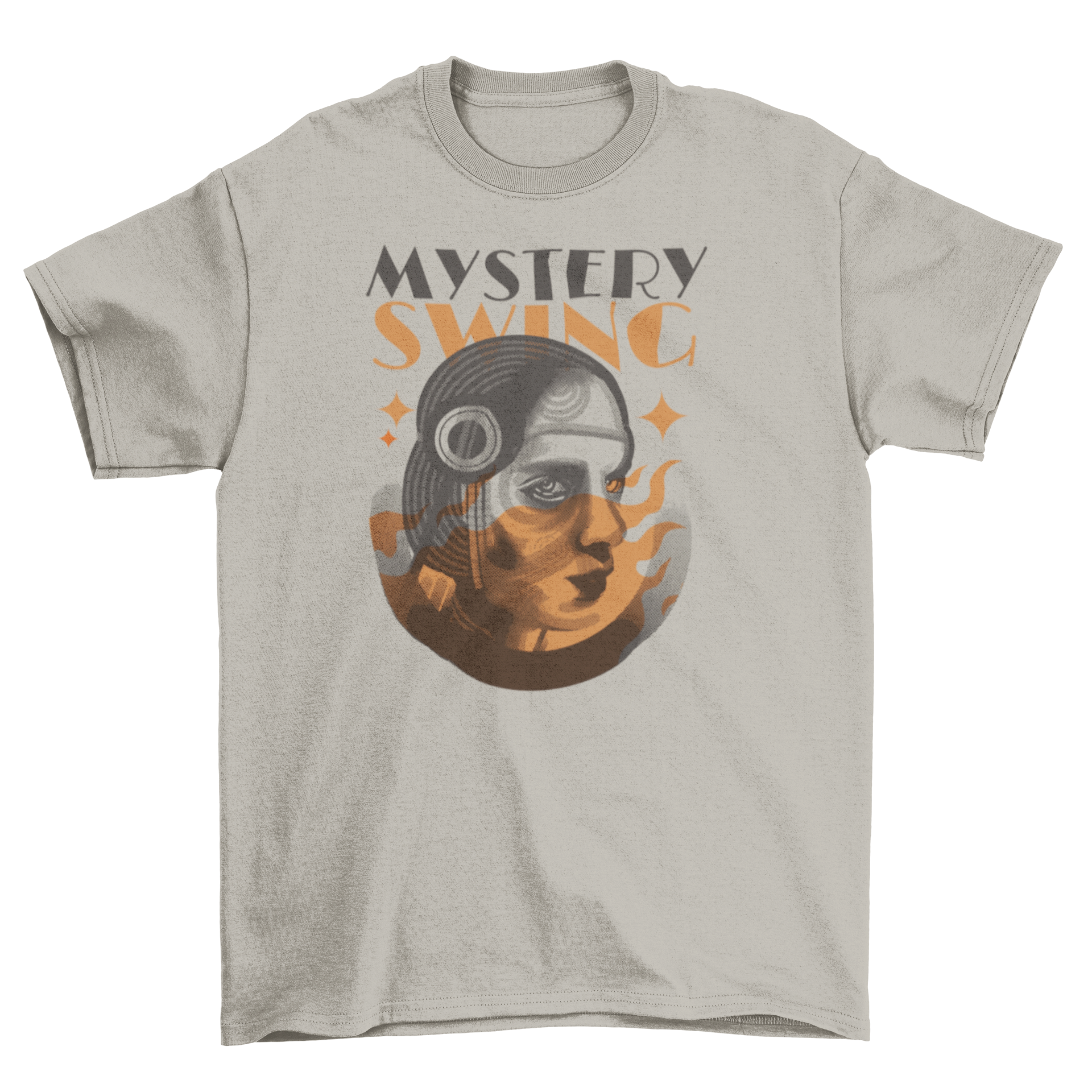 Art Deco Mystery Woman T-Shirt featuring a stylish woman design and the quote 'Mystery swing'.