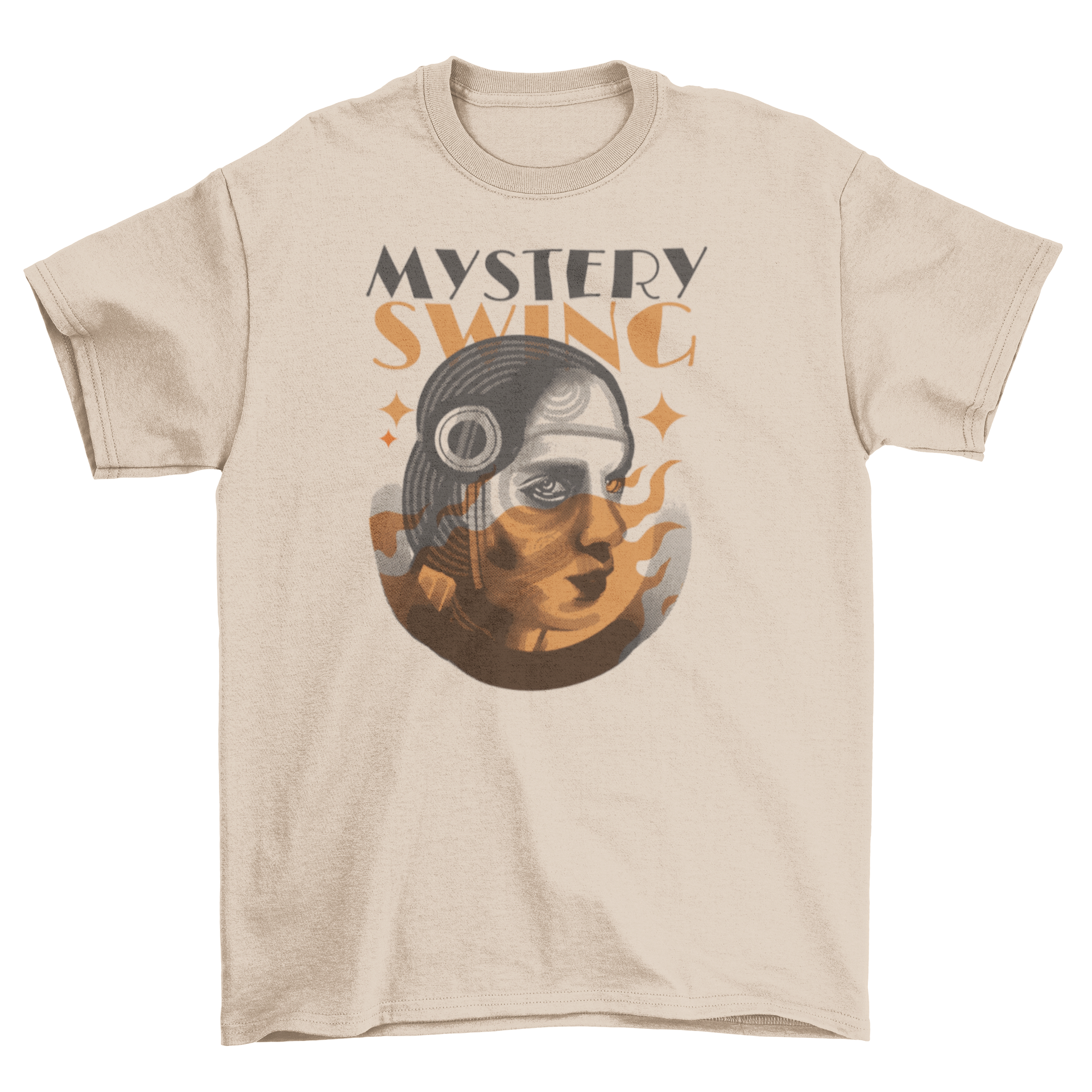 Art Deco Mystery Woman T-Shirt featuring a stylish woman design and the quote 'Mystery swing'.