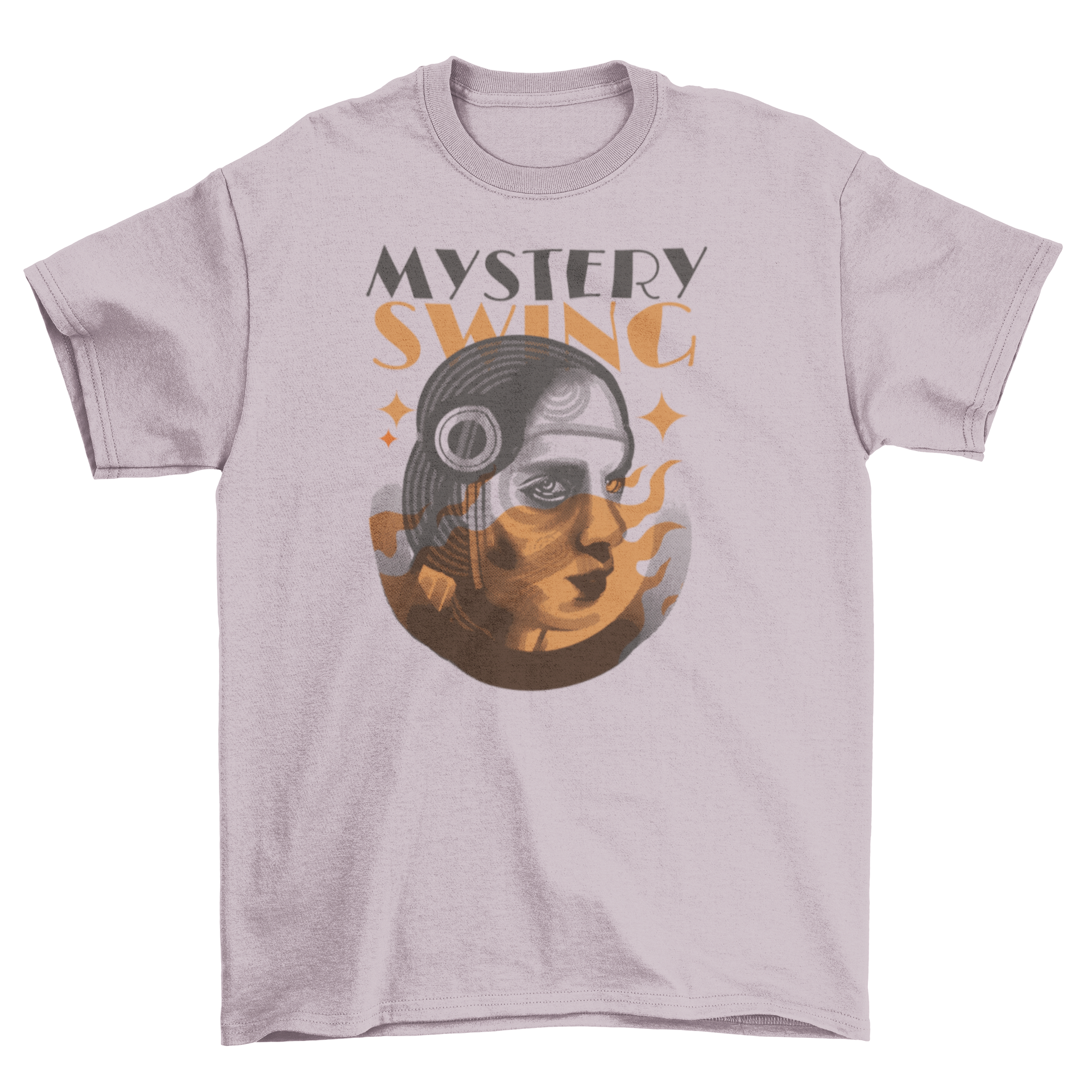 Art Deco Mystery Woman T-Shirt featuring a stylish woman design and the quote 'Mystery swing'.