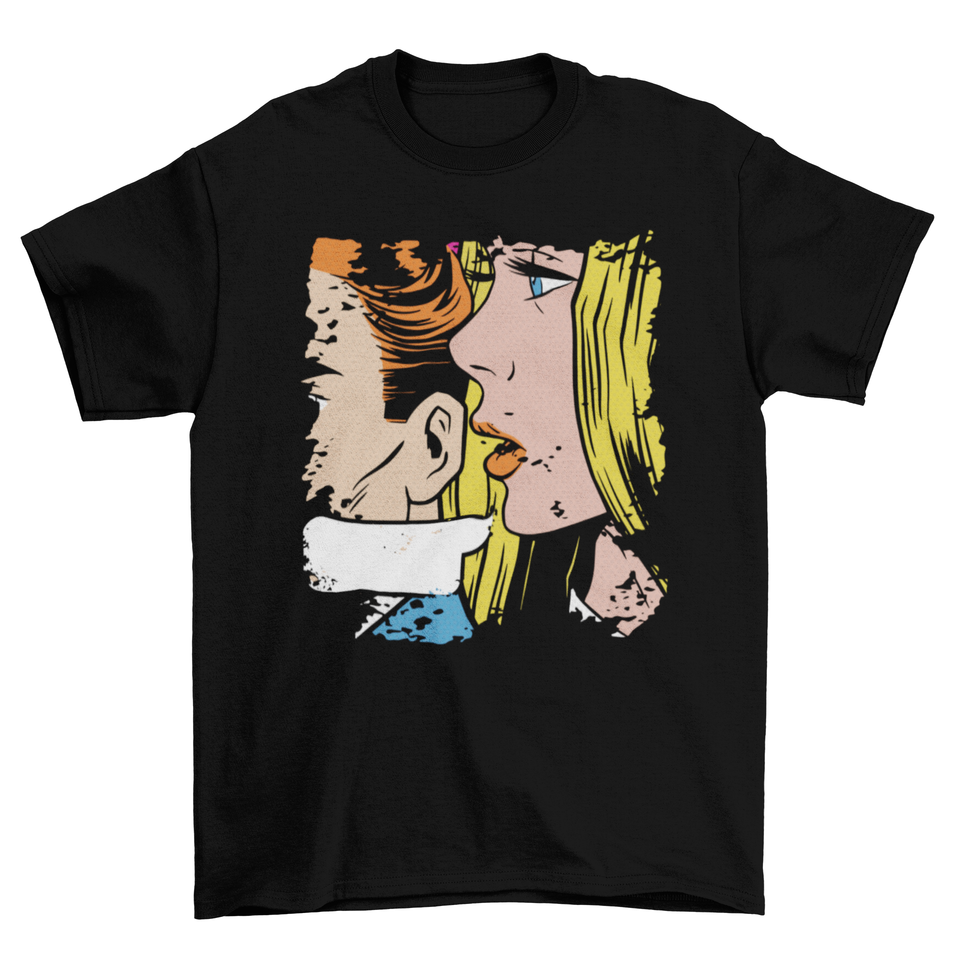 Art Pop Woman Whisper T-shirt featuring a woman whispering to a man, showcasing vibrant colors and artistic design.