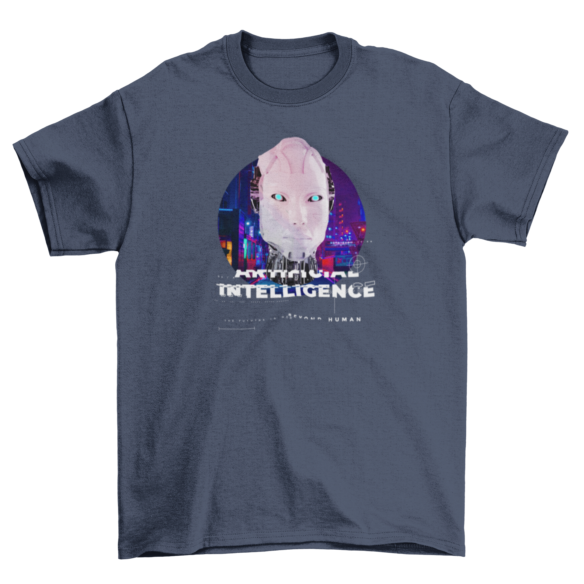 A stylish t-shirt featuring a futuristic AI robot design with the quote 'Artificial Intelligence' next to it.