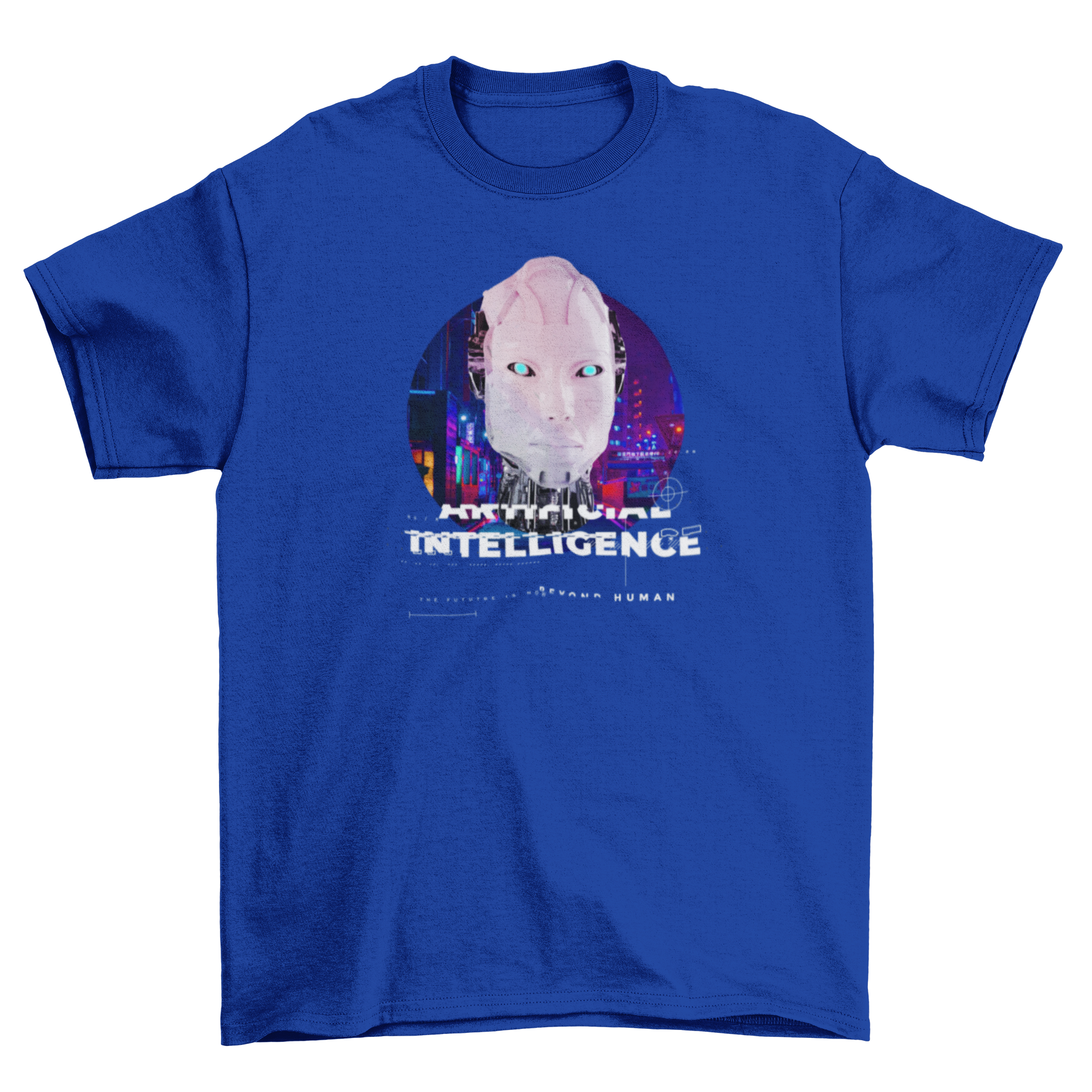 A stylish t-shirt featuring a futuristic AI robot design with the quote 'Artificial Intelligence' next to it.