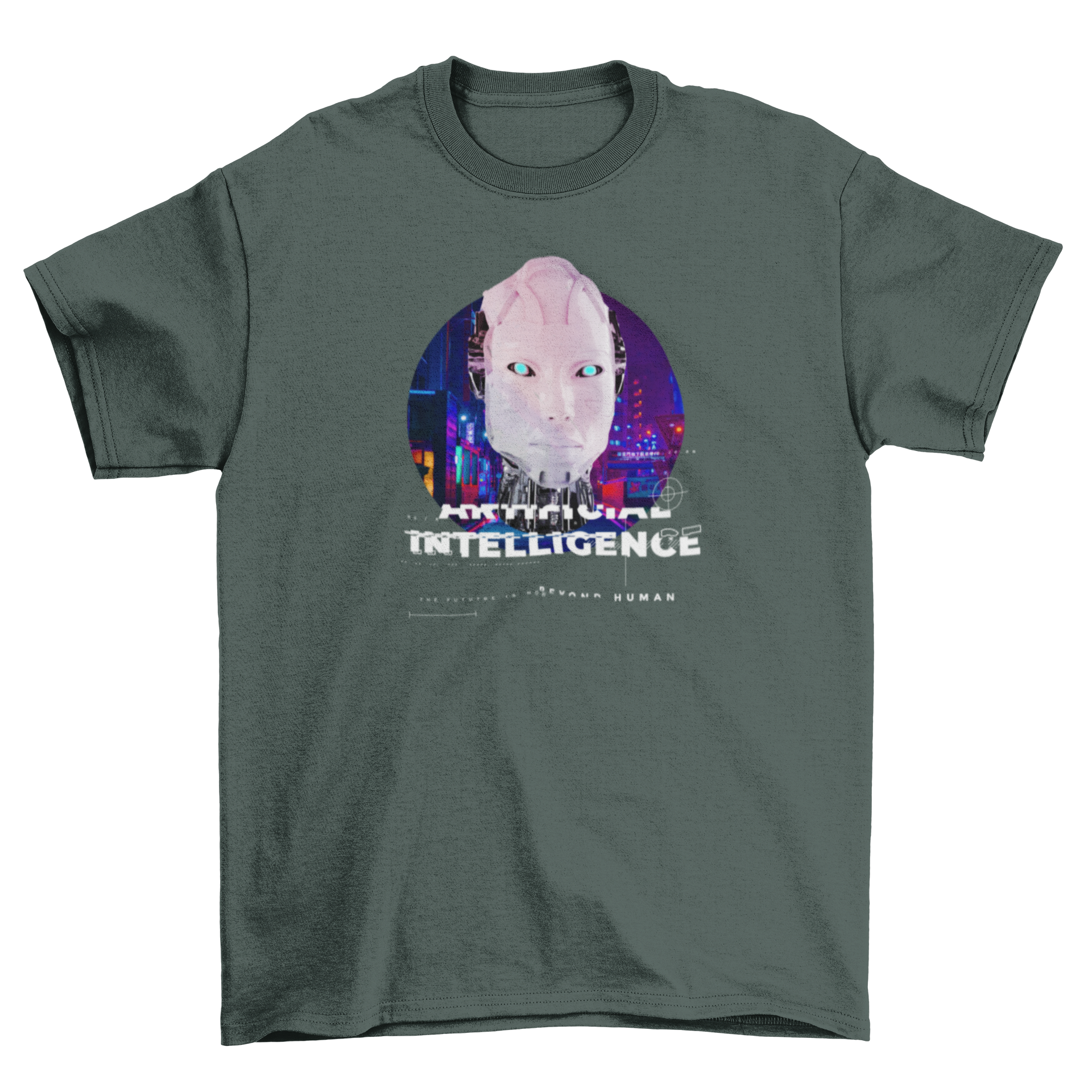 A stylish t-shirt featuring a futuristic AI robot design with the quote 'Artificial Intelligence' next to it.