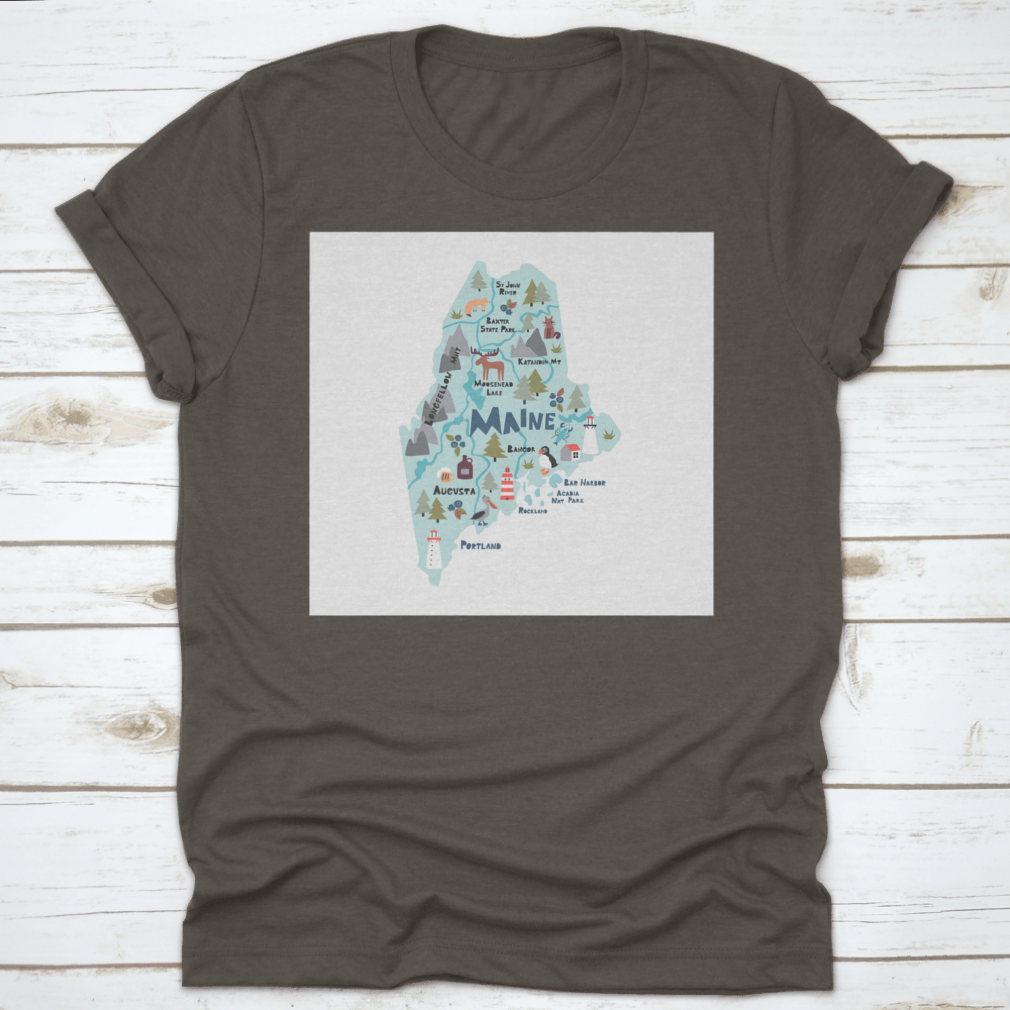 Artistic poster showcasing a detailed map of the state of Maine, featuring vibrant colors and intricate geographical details.