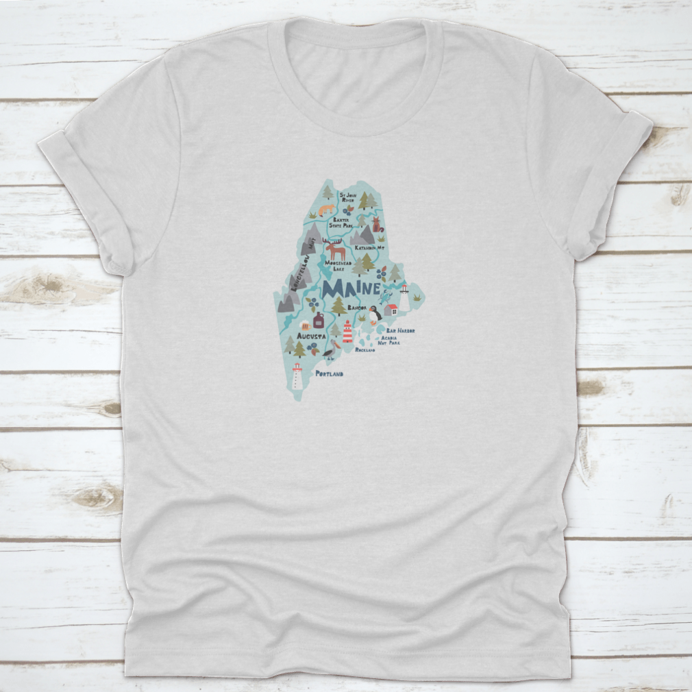 Artistic poster showcasing a detailed map of the state of Maine, featuring vibrant colors and intricate geographical details.