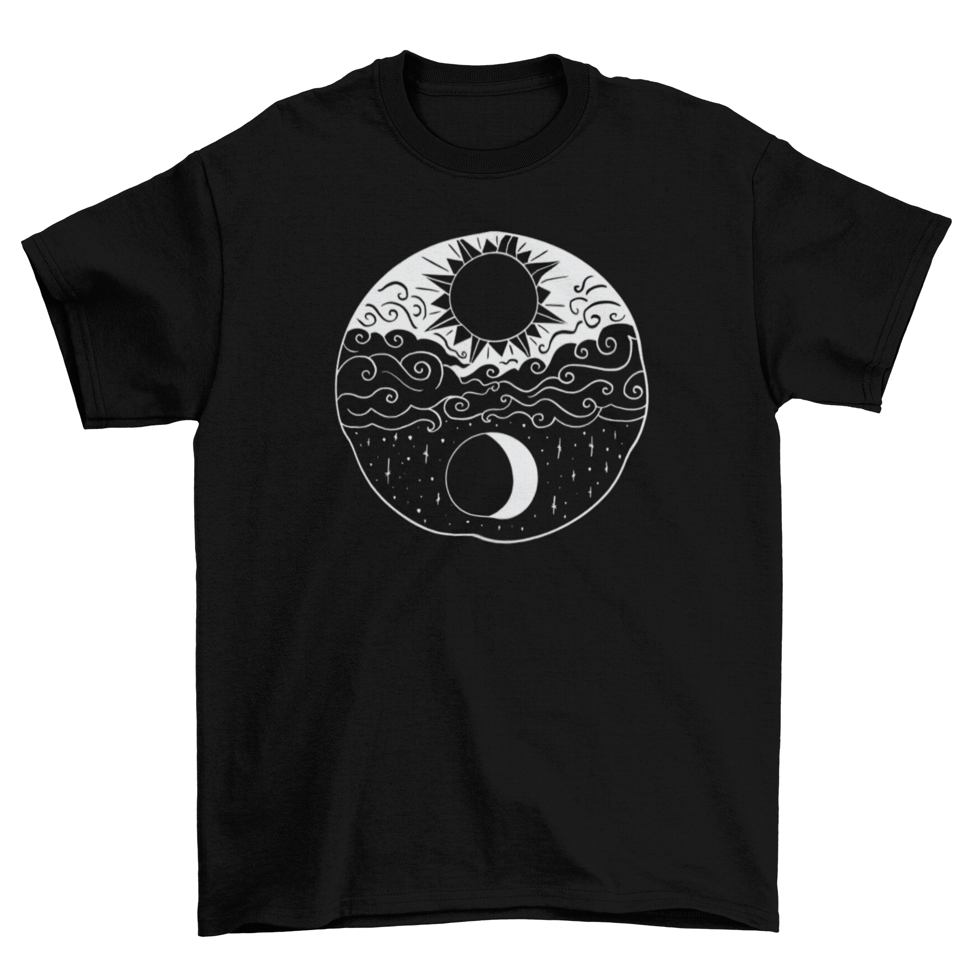 Artistic sun and moon t-shirt featuring a vibrant illustration of celestial bodies on a soft fabric.