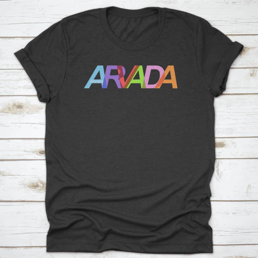 A stylish white shirt featuring the name 'Arvada' prominently displayed, perfect for showcasing city pride.