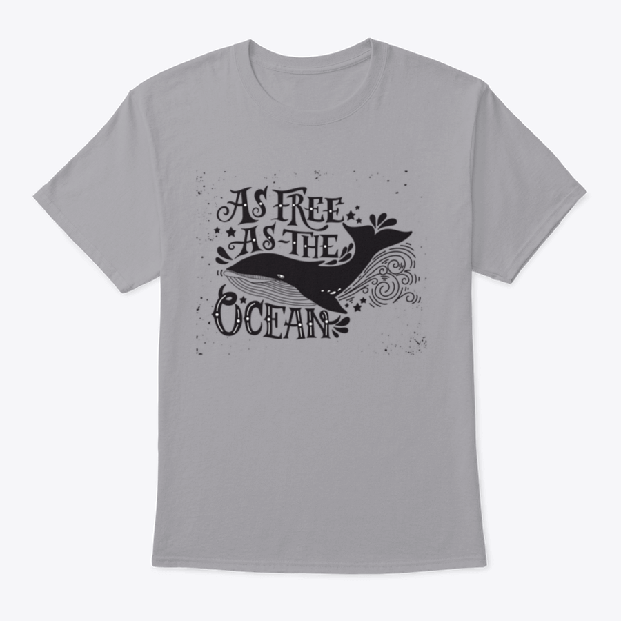 A stylish T-shirt featuring the quote 'As Free As The Ocean' designed for inspiration, made from soft cotton fabric.