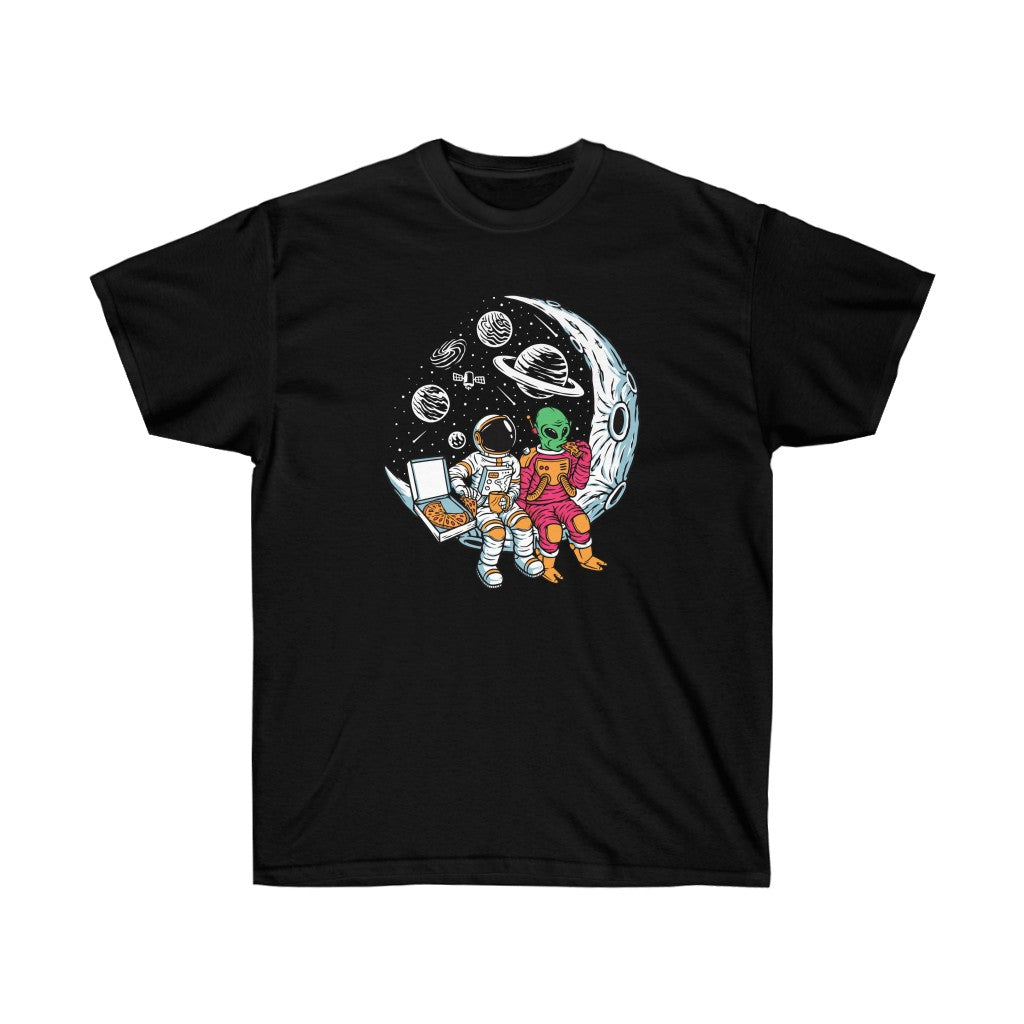 Astronaut and alien graphic t-shirt featuring a colorful design of an astronaut sharing pizza with an alien.