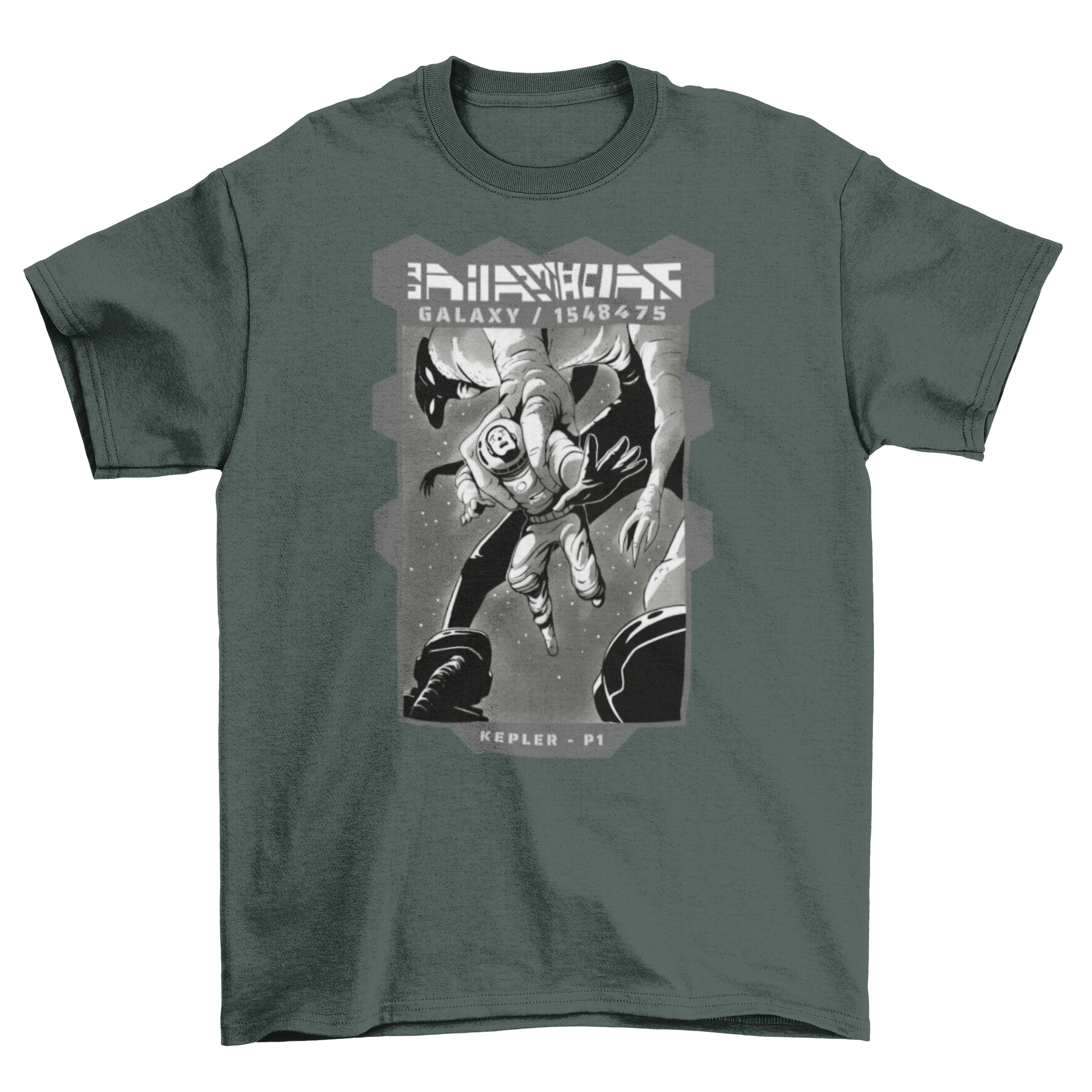 A vibrant t-shirt featuring an astronaut being trapped by a colorful alien monster, showcasing a fun and imaginative design.