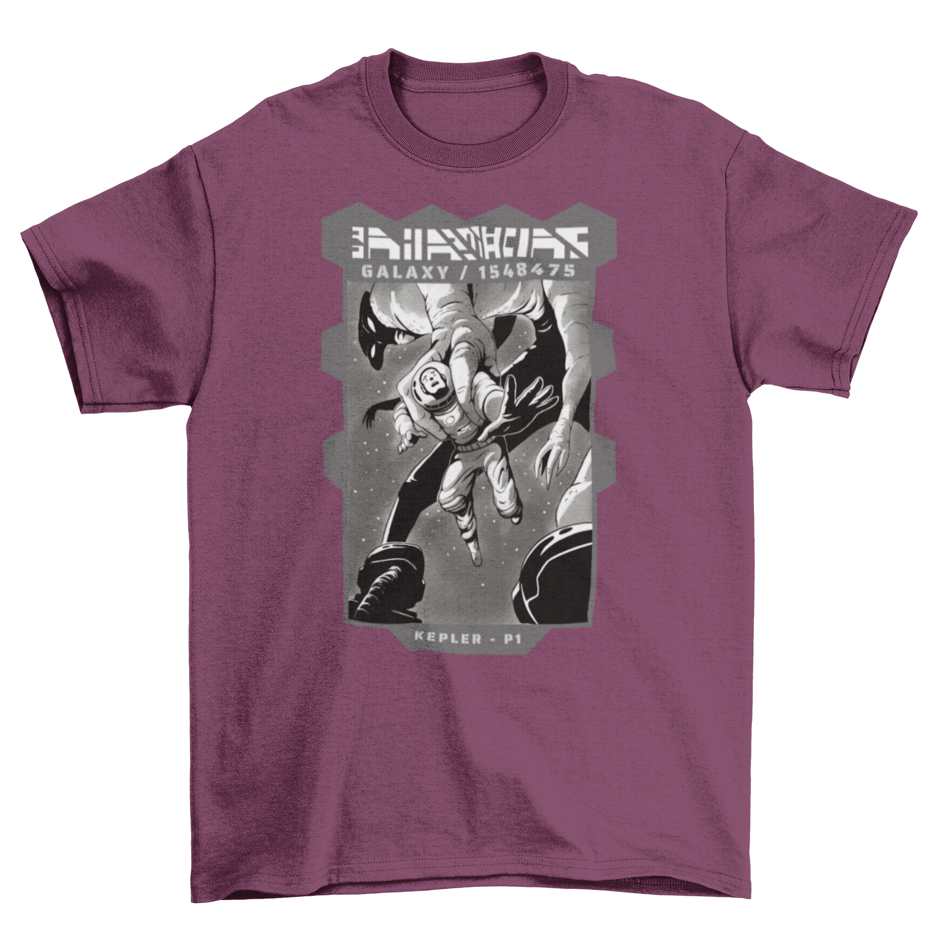 A vibrant t-shirt featuring an astronaut being trapped by a colorful alien monster, showcasing a fun and imaginative design.