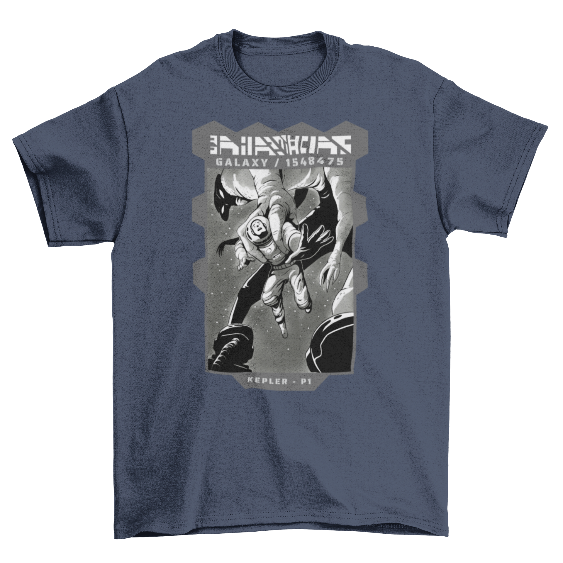 A vibrant t-shirt featuring an astronaut being trapped by a colorful alien monster, showcasing a fun and imaginative design.