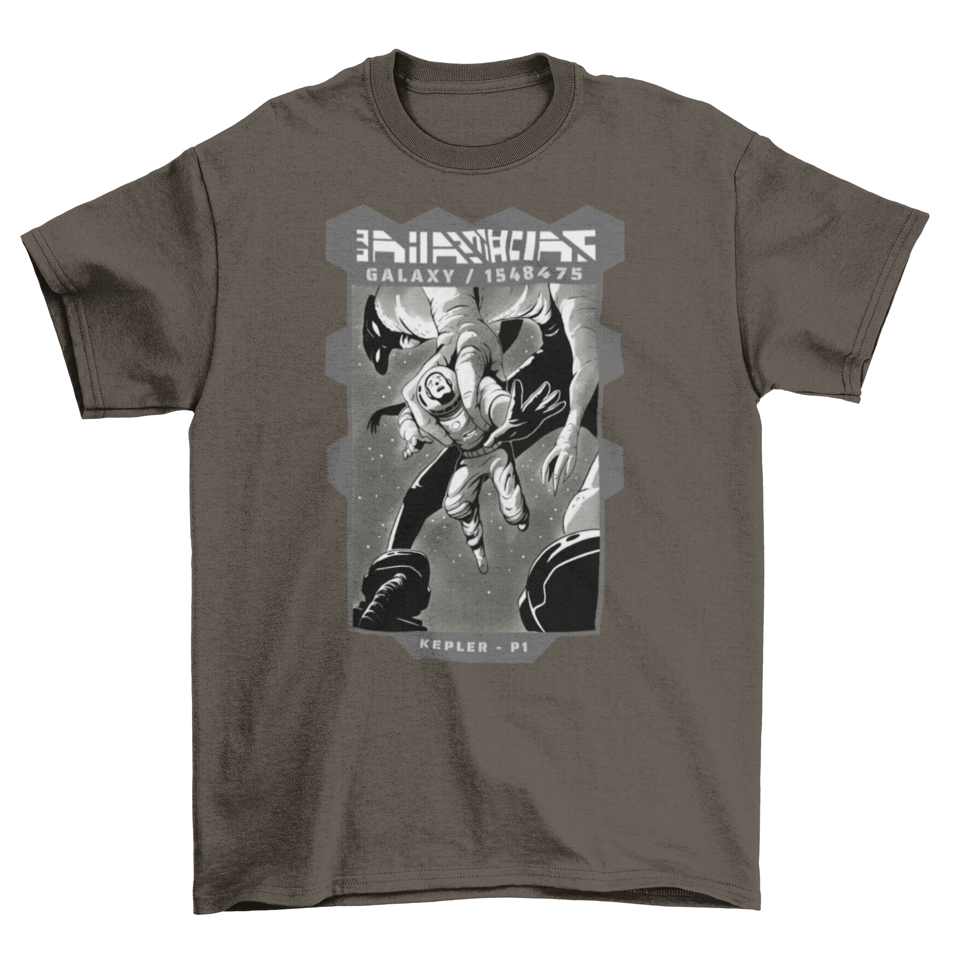 A vibrant t-shirt featuring an astronaut being trapped by a colorful alien monster, showcasing a fun and imaginative design.