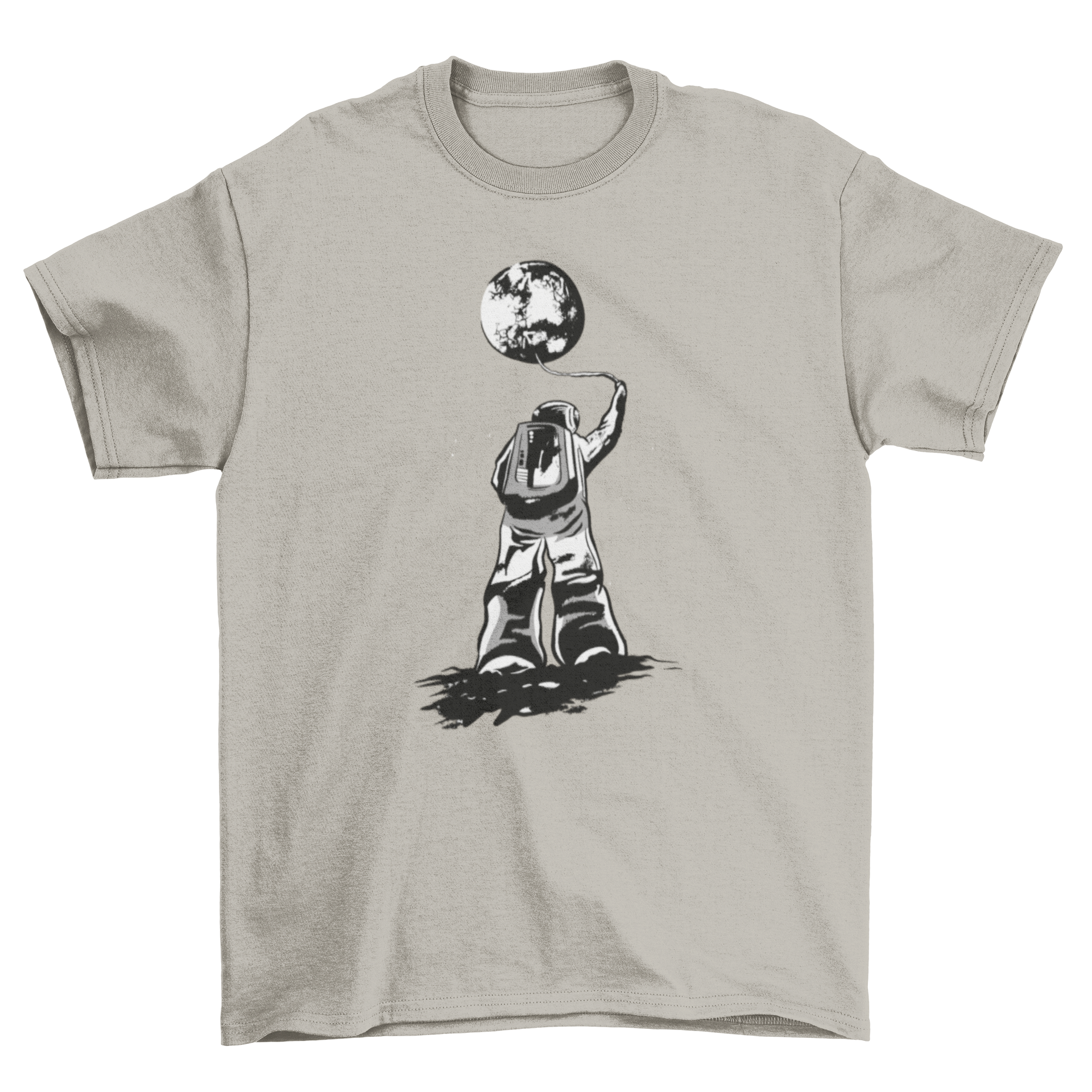 Astronaut floating towards the moon on a stylish T-shirt design.